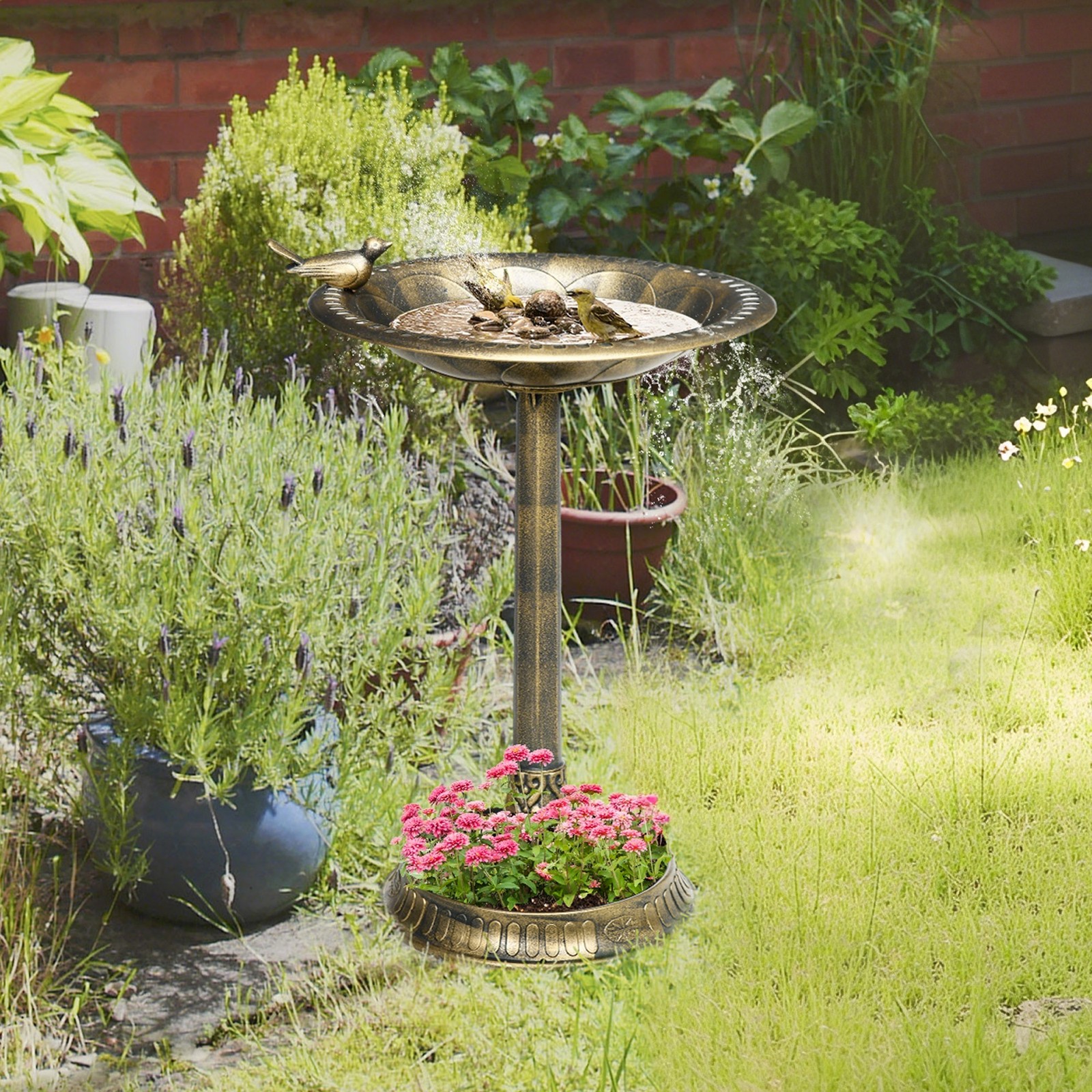 Antique Bird Bath for Garden, Birdbath with Bird Decoration, Bronze Tone