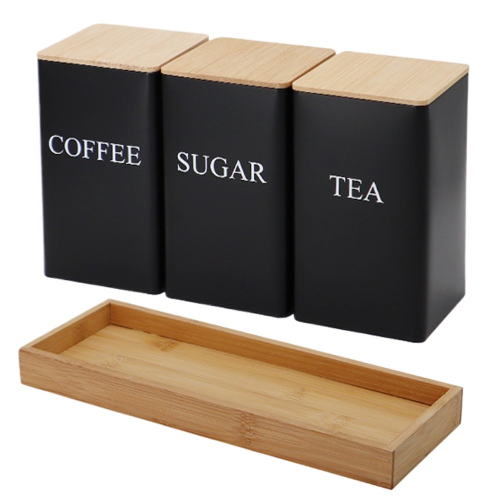 3PCS Set Tea Coffee Sugar Canister Set with Tray Iron Tea and Coffee Jars2790
