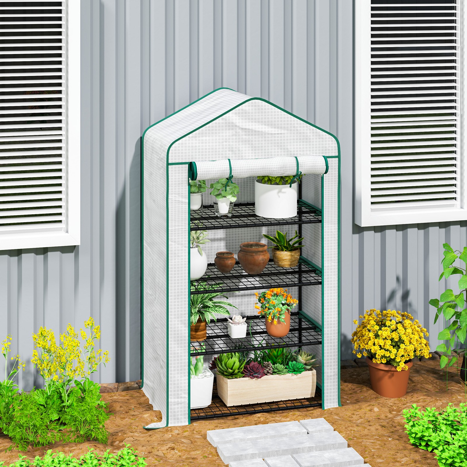 90 x 49 x 160cm Small Greenhouse, Portable Green House with Shelves, White