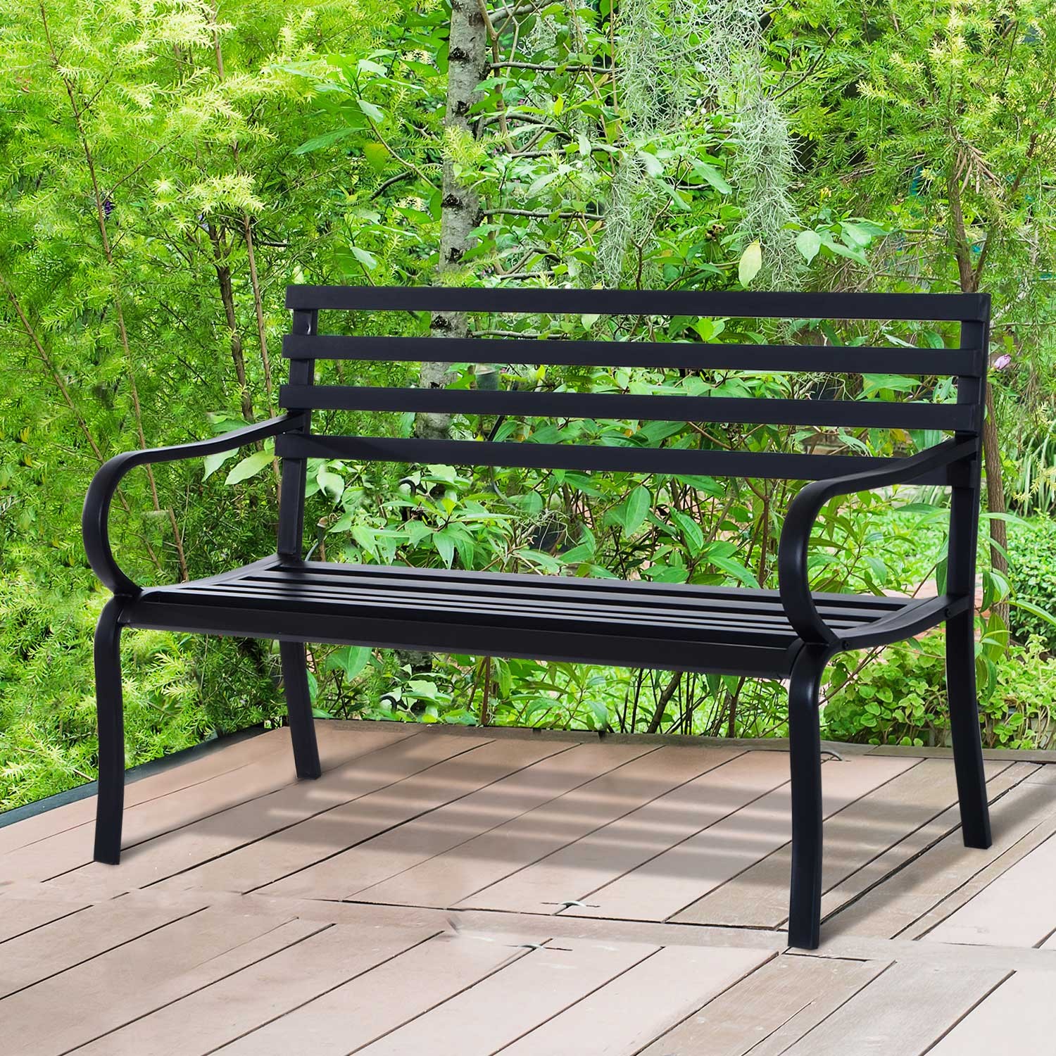 Garden Metal Bench Porch Chair Outdoor Park Loveseat Steel Black Patio Black