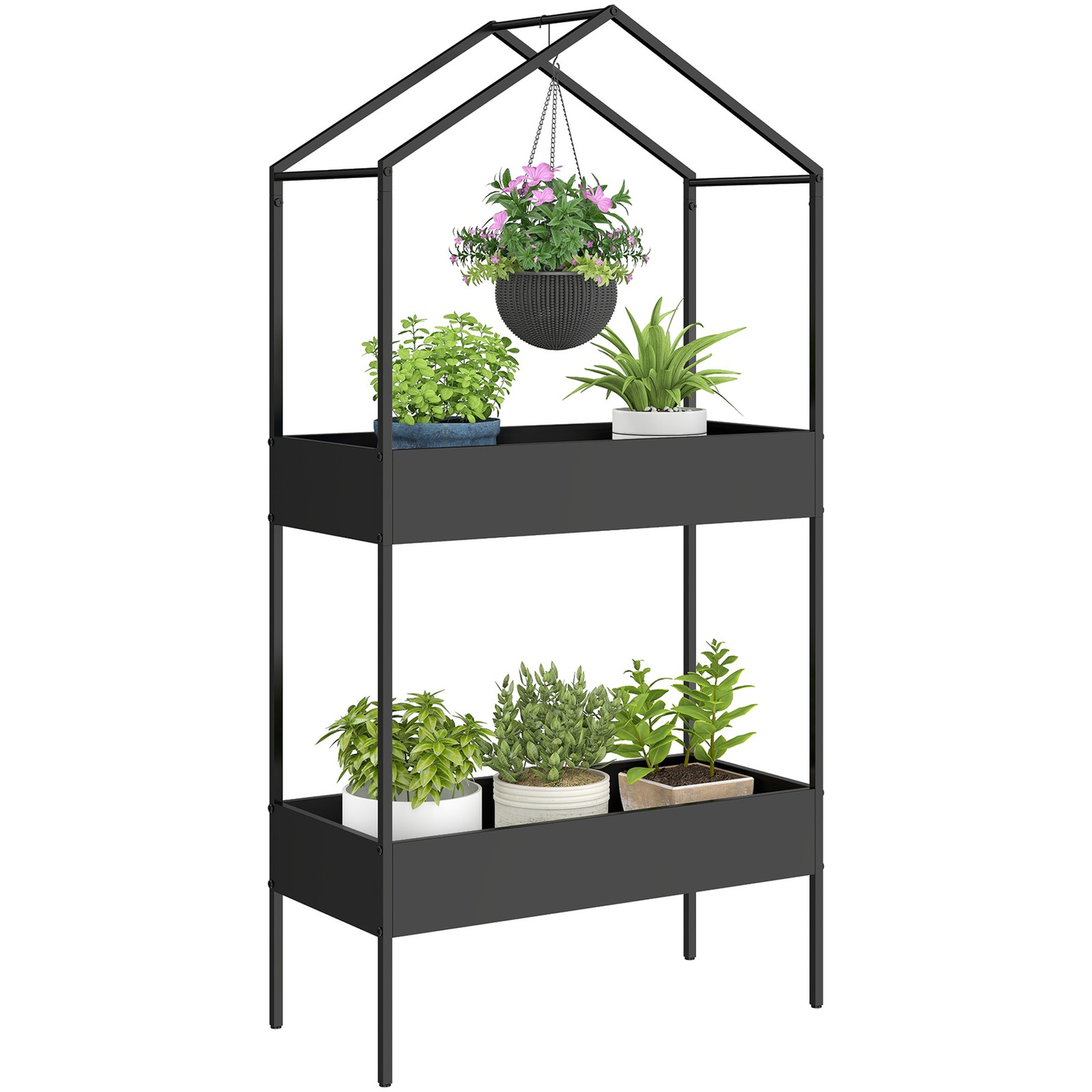 Outsunny 2 Tier Plant Stand, Outdoor Indoor Metal Plant Stand with Hook