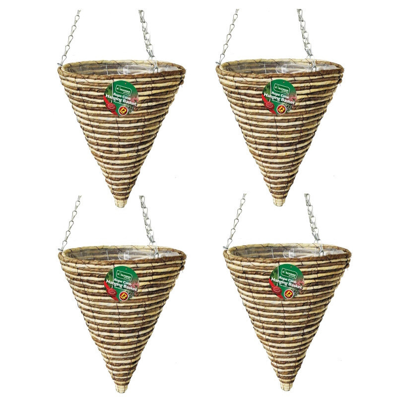 Set Of FOUR Flower Hanging Basket's 12″ Two Tone Rope Cone Shape Liner & Chain
