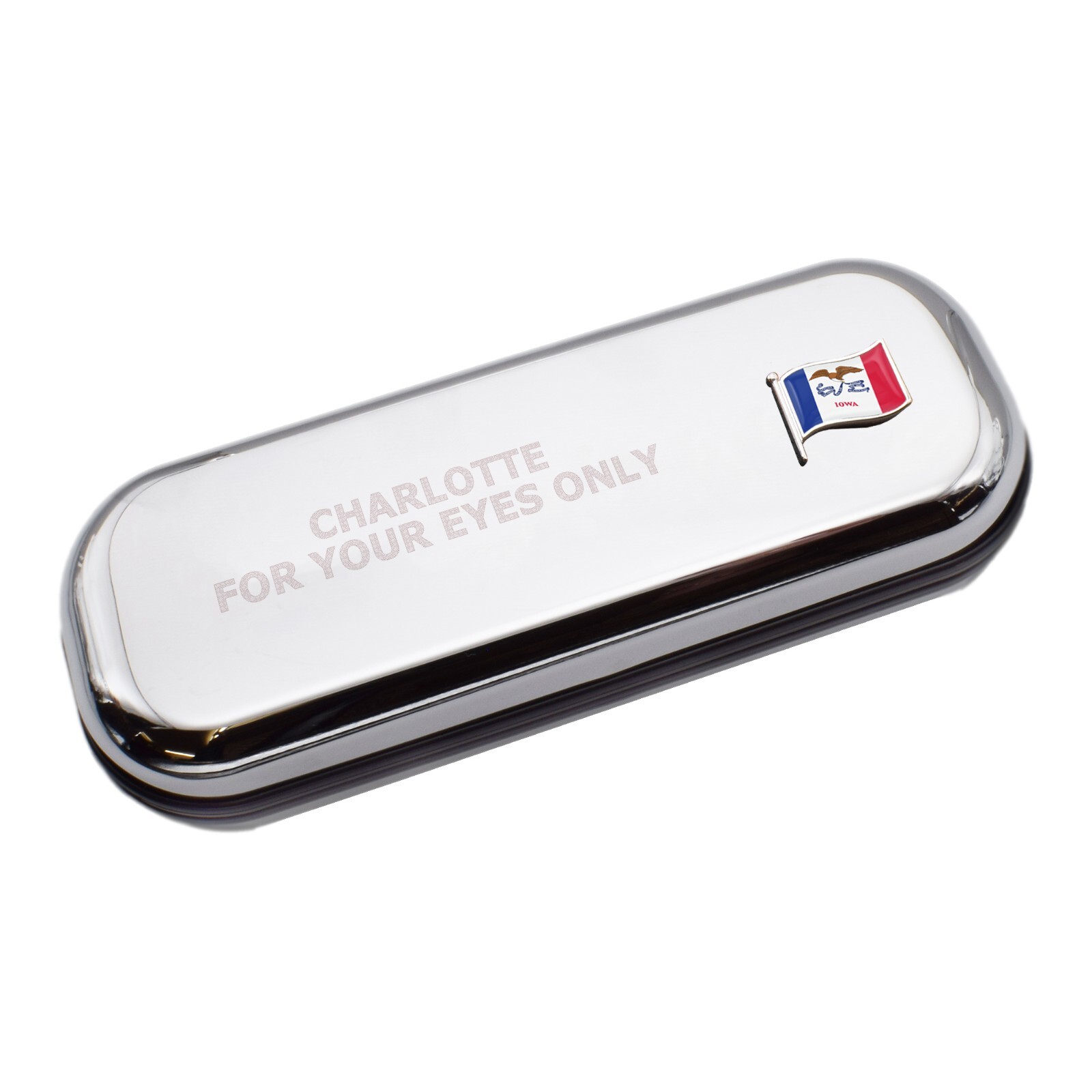 Iowa Wave Flag & Engraved With Message Chromed Glasses Case Box