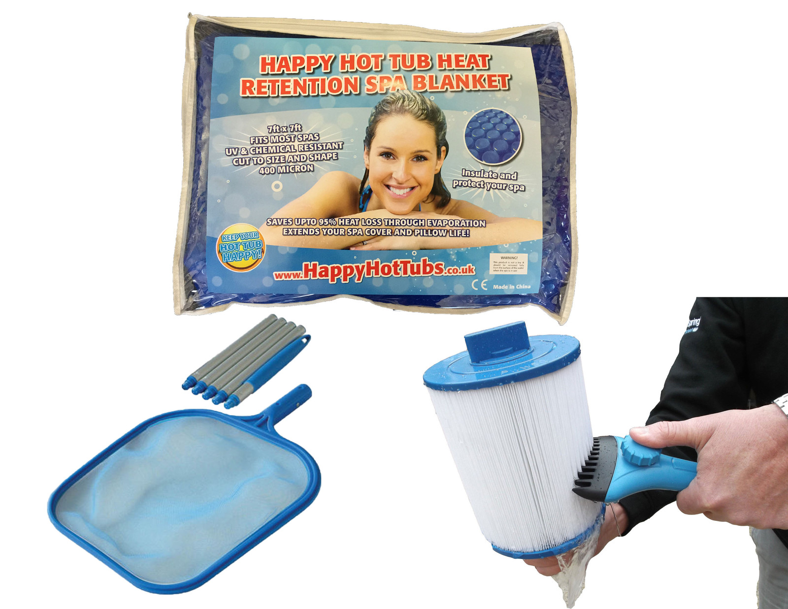 Hot Tub Care Pack with Thermal Blanket, Filter Cleaner Tool and Net! SAVE + CARE