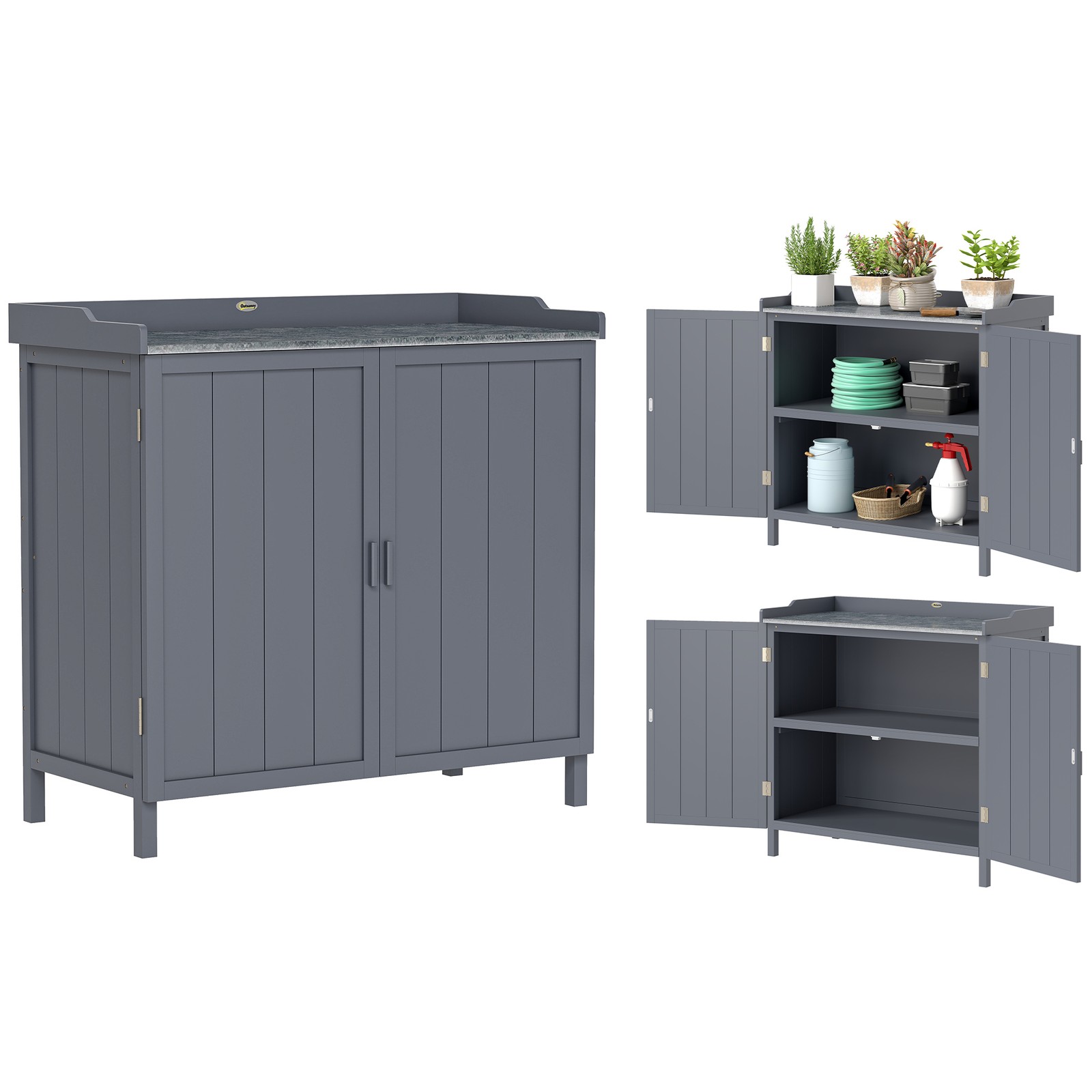 Outsunny Garden Storage Cabinet Potting Bench Table with Galvanized Top, Grey