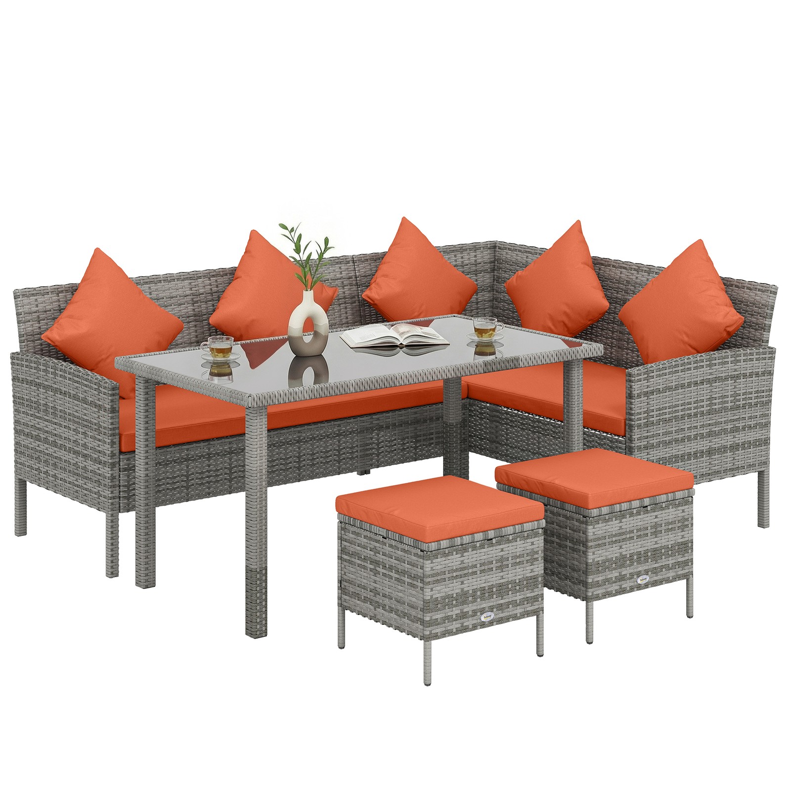 Outsunny 5Pcs Rattan Dining Corner Sofa Set, Garden Furniture Set, Orange
