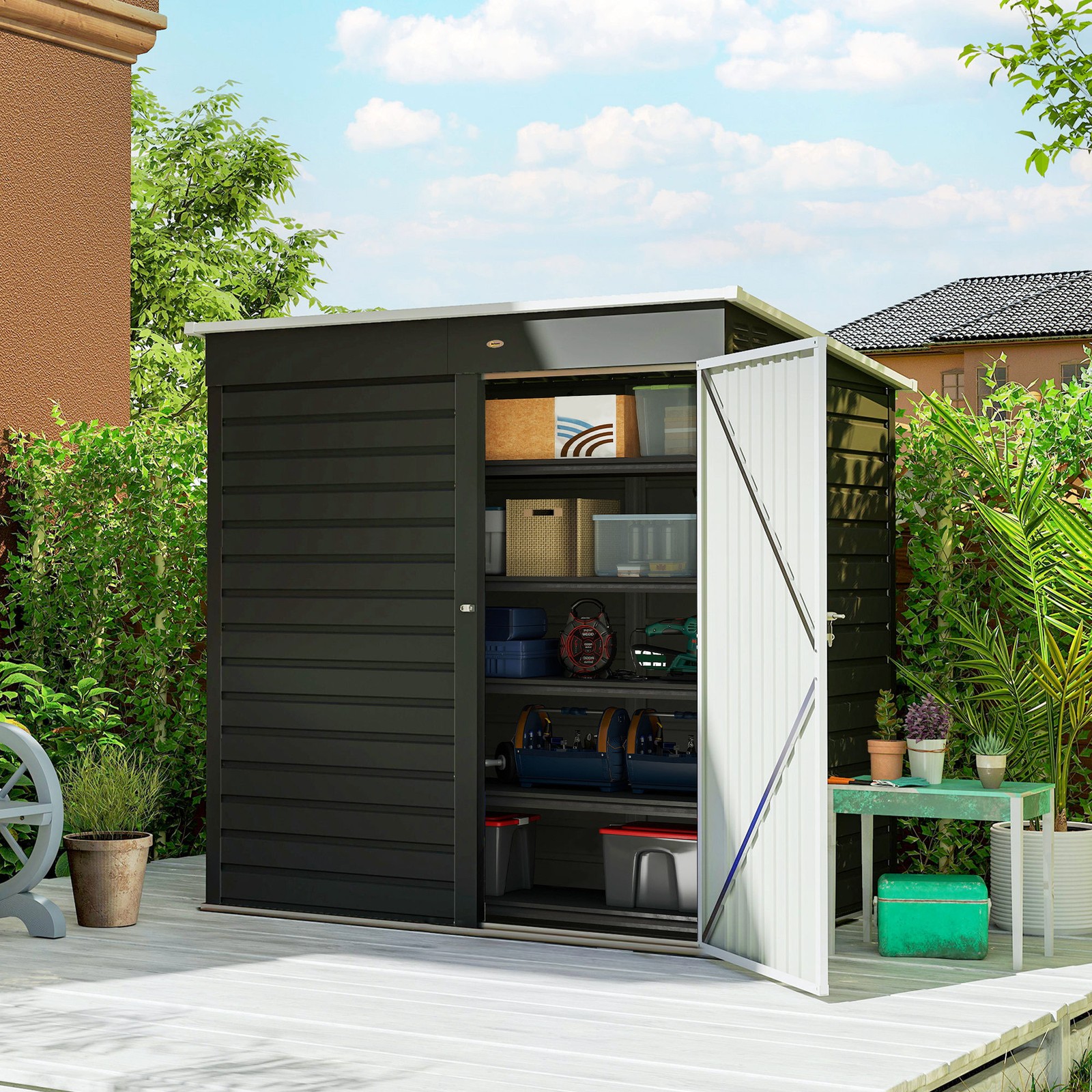 6 x 4ft Outdoor Metal Storage Shed with Lockable Door and Gloves, Dark Grey