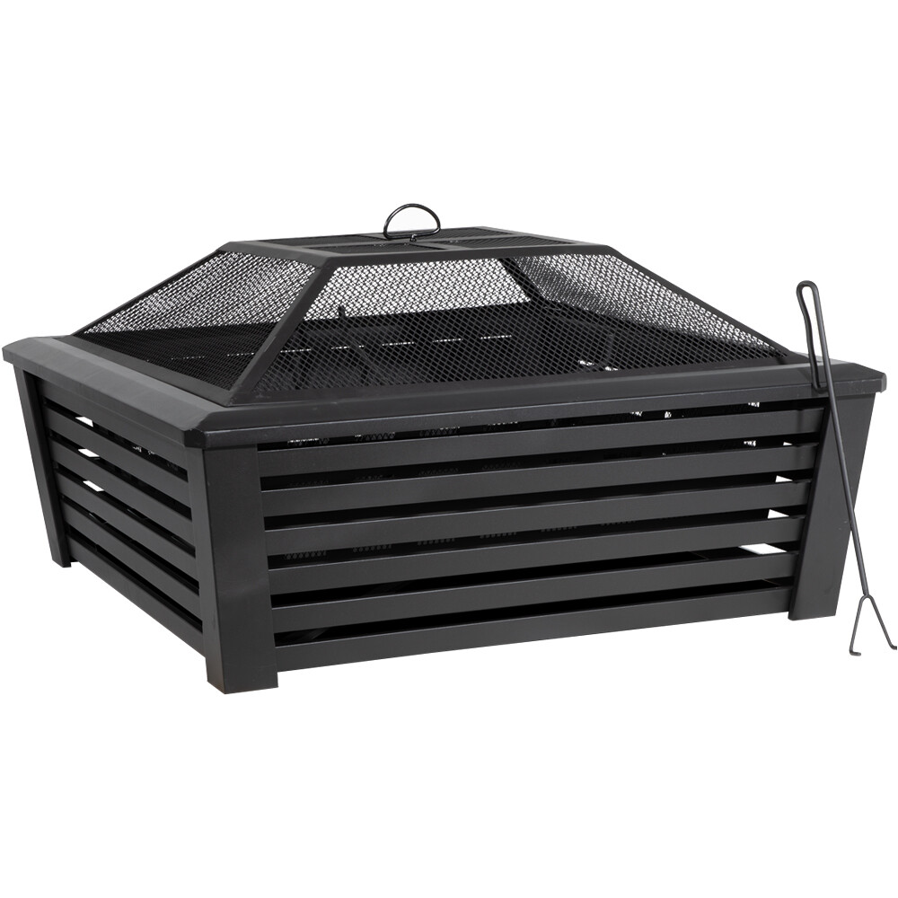 89cm Square Black Fire Pit Wood Burner - Modern Outdoor Garden Heater Mesh Lid