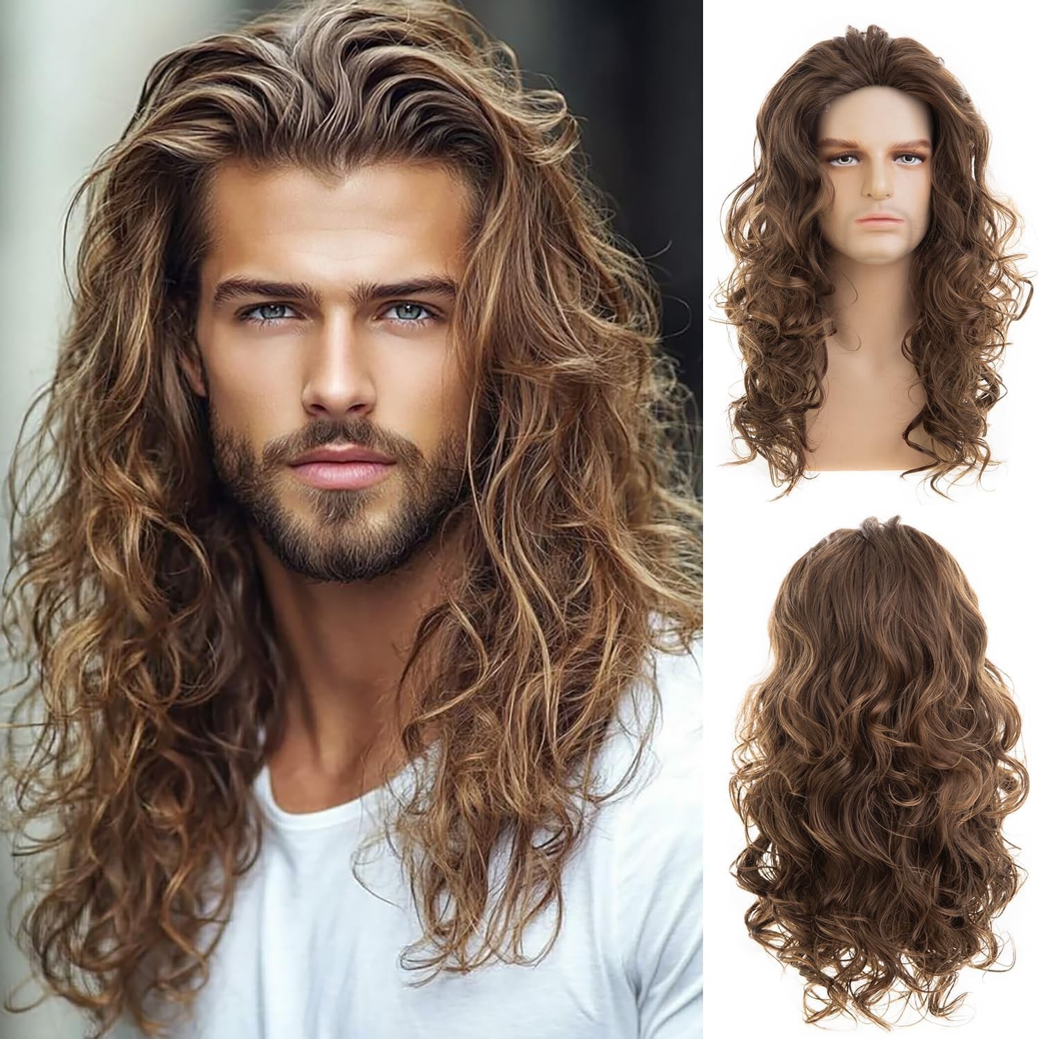 Mens Brown Long Curly Wavy Wig Middle Part Synthetic Heat Resistant Daily Party