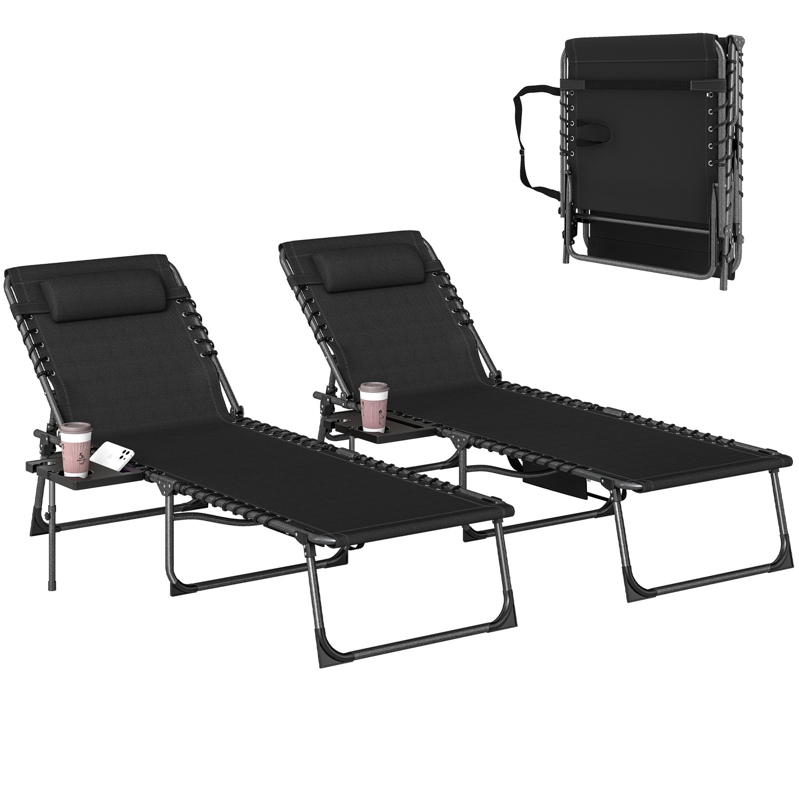 Outsunny Folding Sun Loungers with 5-Level Back, Cup Holder, Black