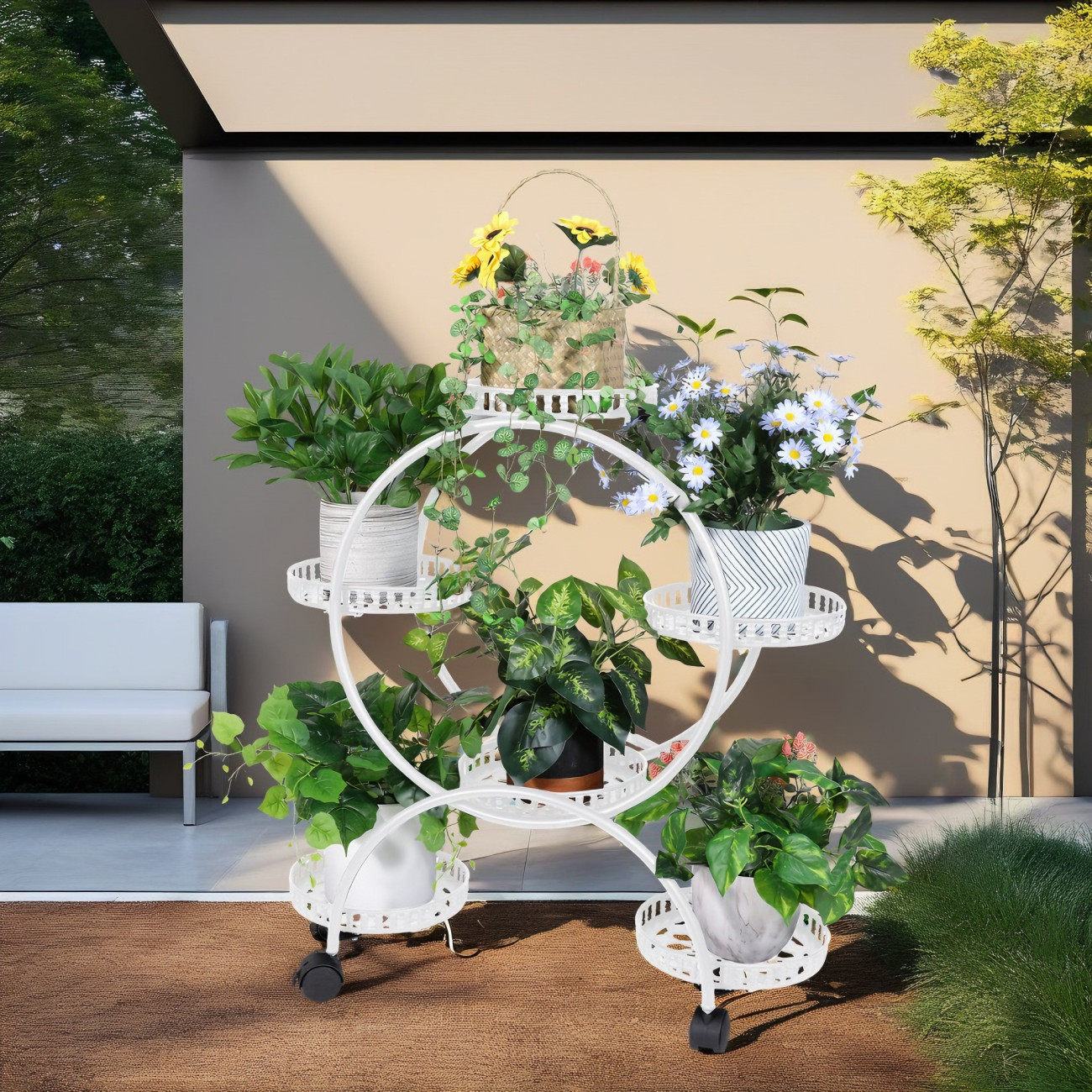 6 Pots Wrought Iron Plant Stand Rolling Garden Cart with Wheel for Patio Balcony