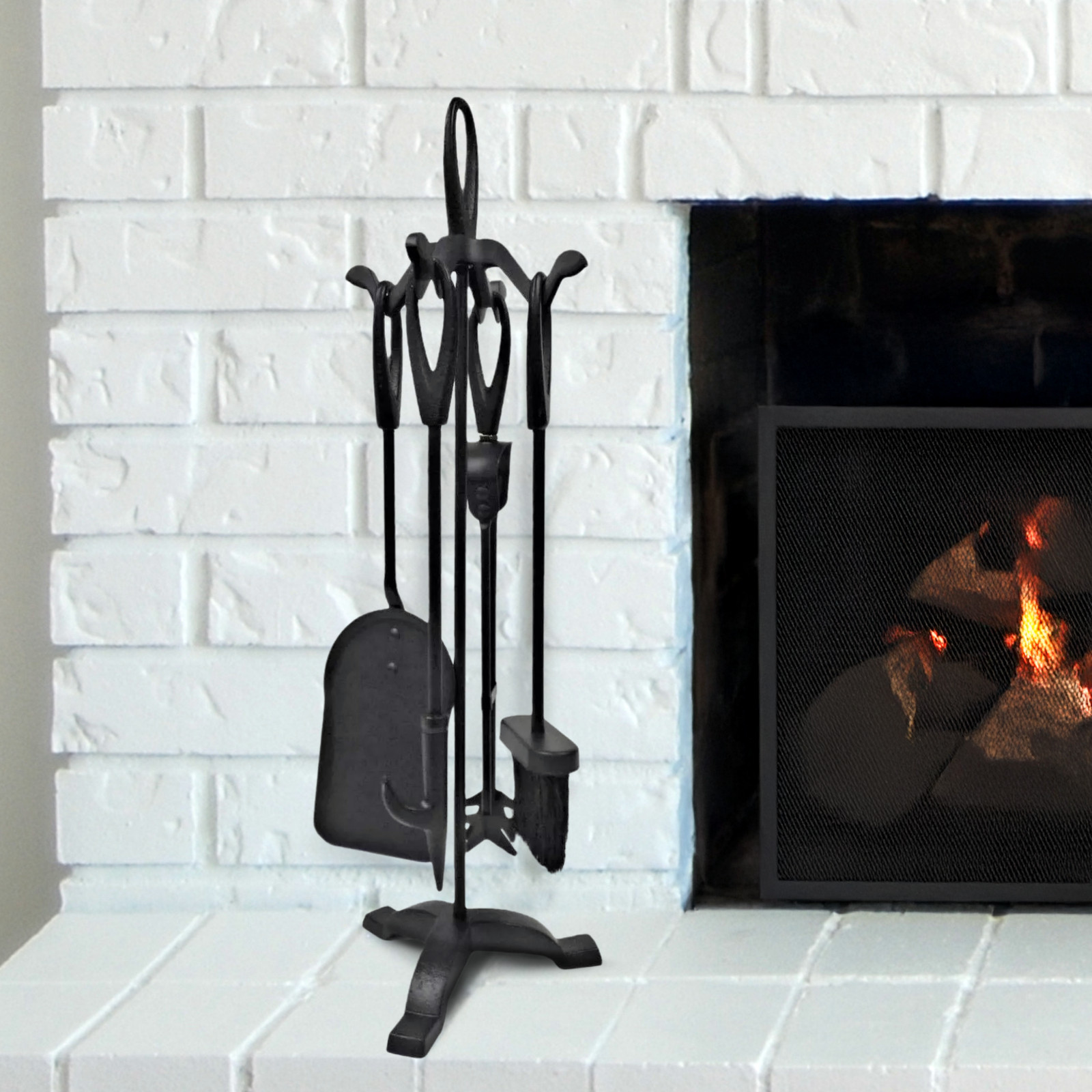 Fire Companion Set Fireside Cast Iron Fireplace Poker Brush Tongs Tools Coal 5pc