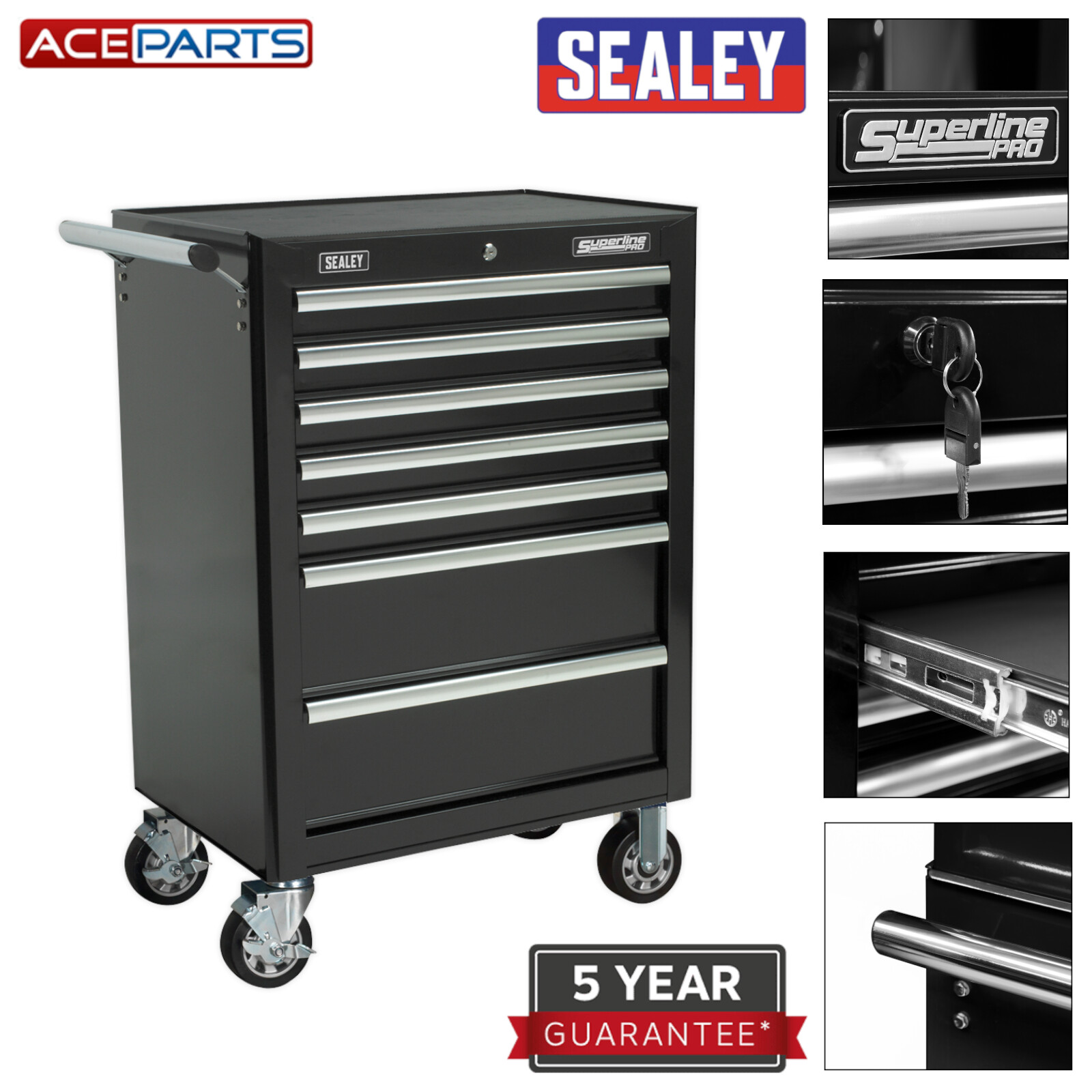 Sealey Black Tool Box Chest Cabinet Rollcab 7 Drawer with Ball Bearing Slides