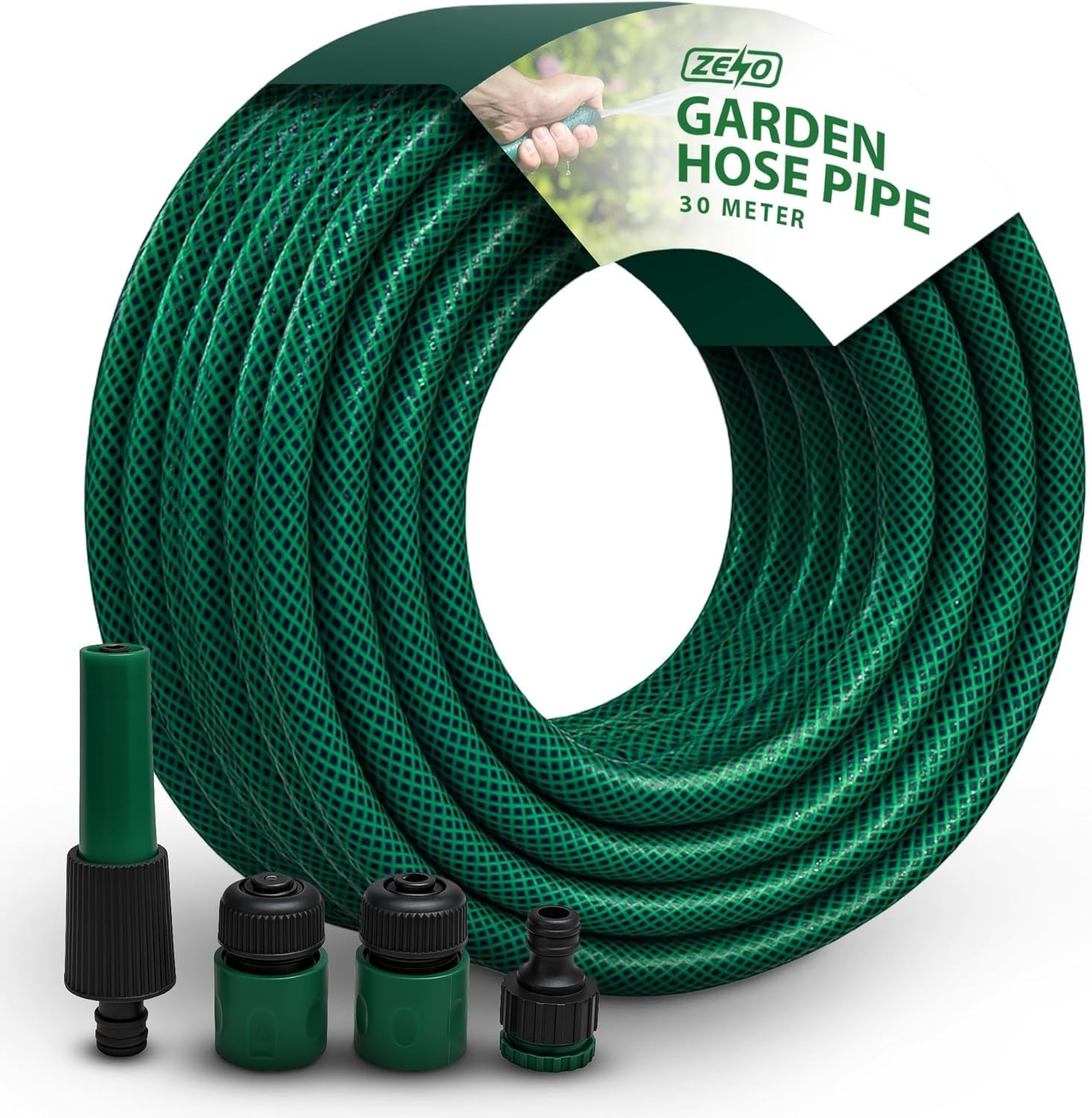 30M REINFORCED GARDEN HOSE PIPE TUBE WITH SET SPRAY WATERING NOZZLE SET FITTINGS