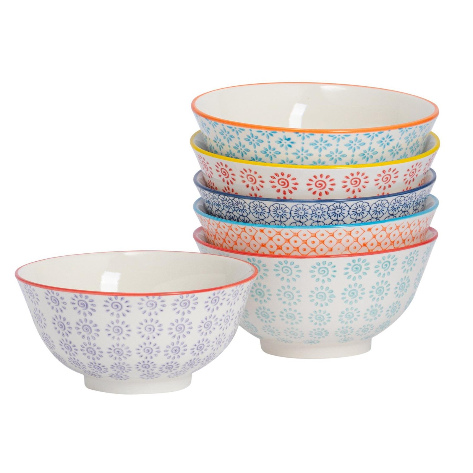 6x Nicola Spring Hand Printed Cereal Bowls Porcelain Microwave Safe 15.2cm