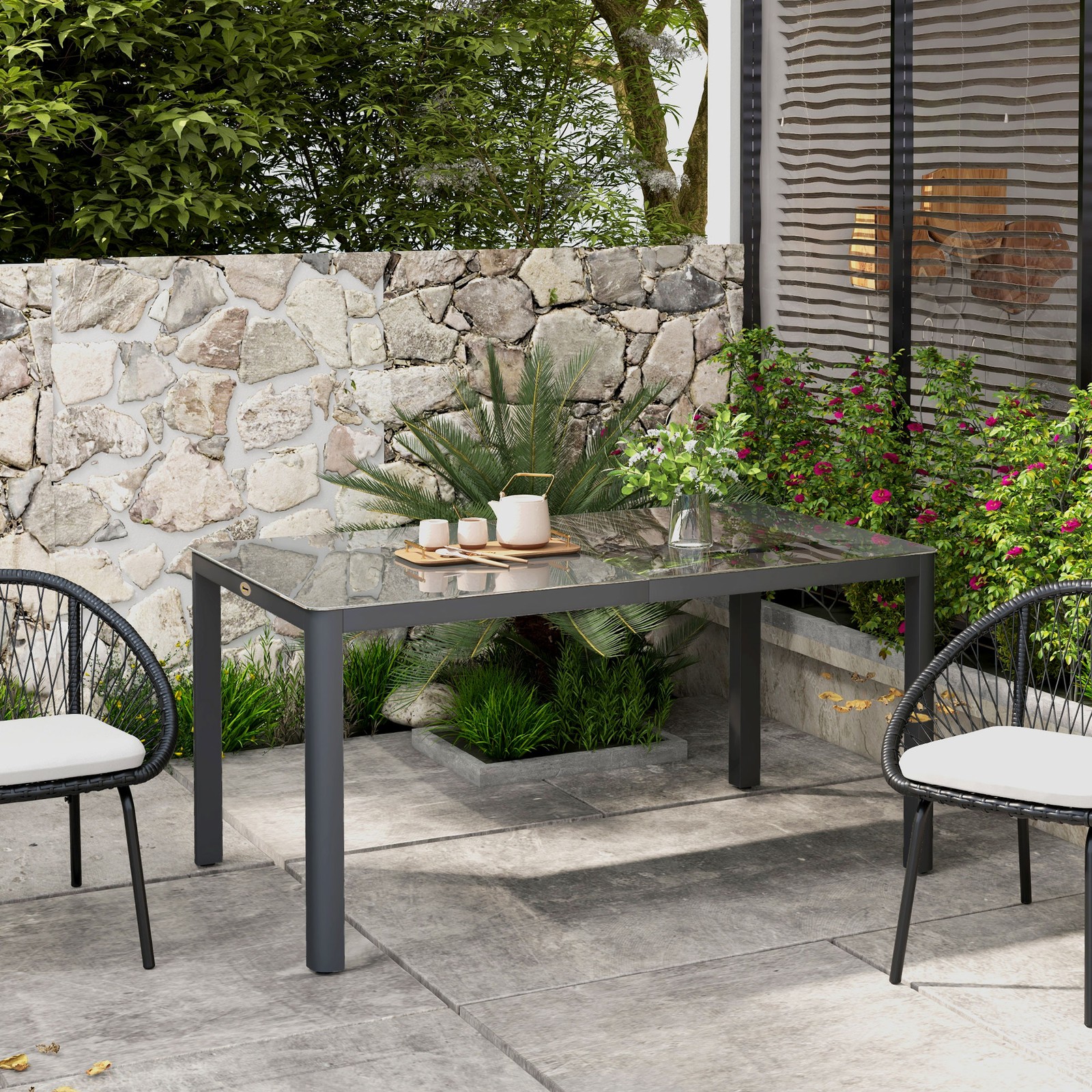 Outdoor Dining Table with Glass Top Aluminium Frame for Balcony, Patio, Grey