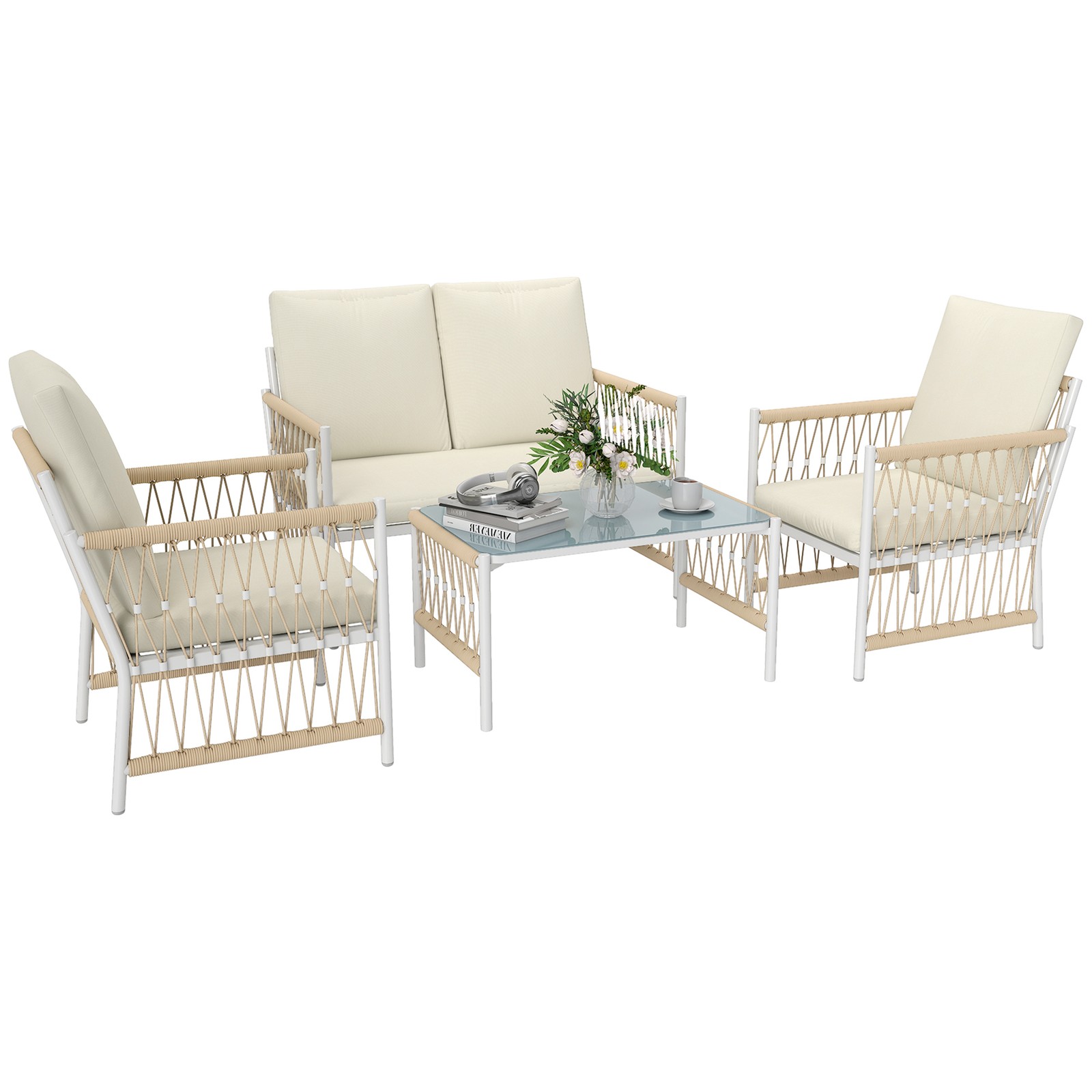 Outsunny 4 Seater Rattan Garden Sofa Set with Glass Top Coffee Table Khaki