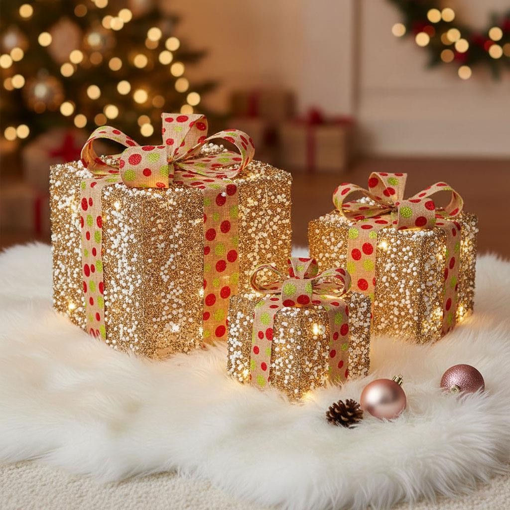 3x Christmas Gift Boxes Decoration LED Light Up Presents Parcels Xmas Decor Home