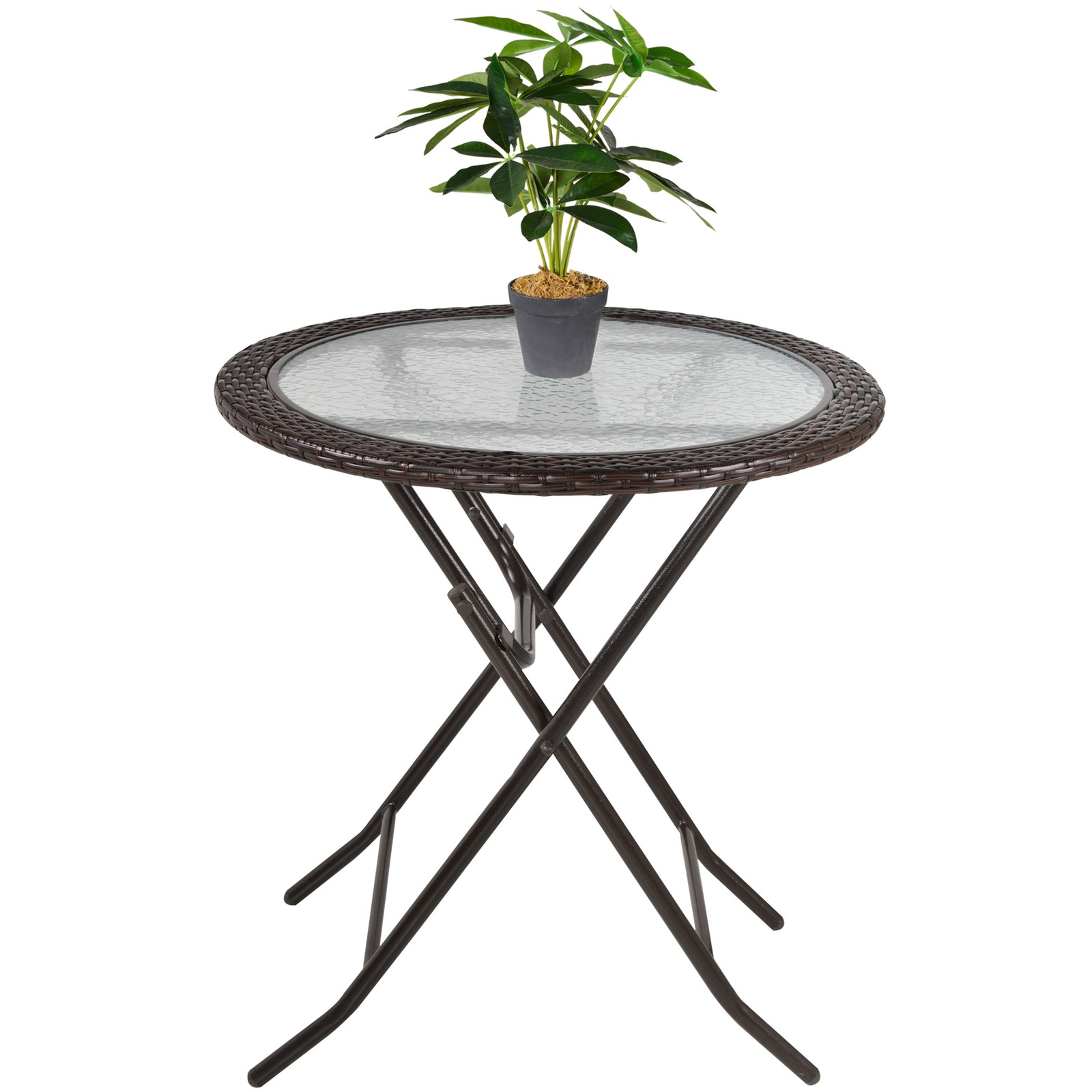 Outsunny Folding Round Tempered Glass Metal Table with Brown Rattan Edging