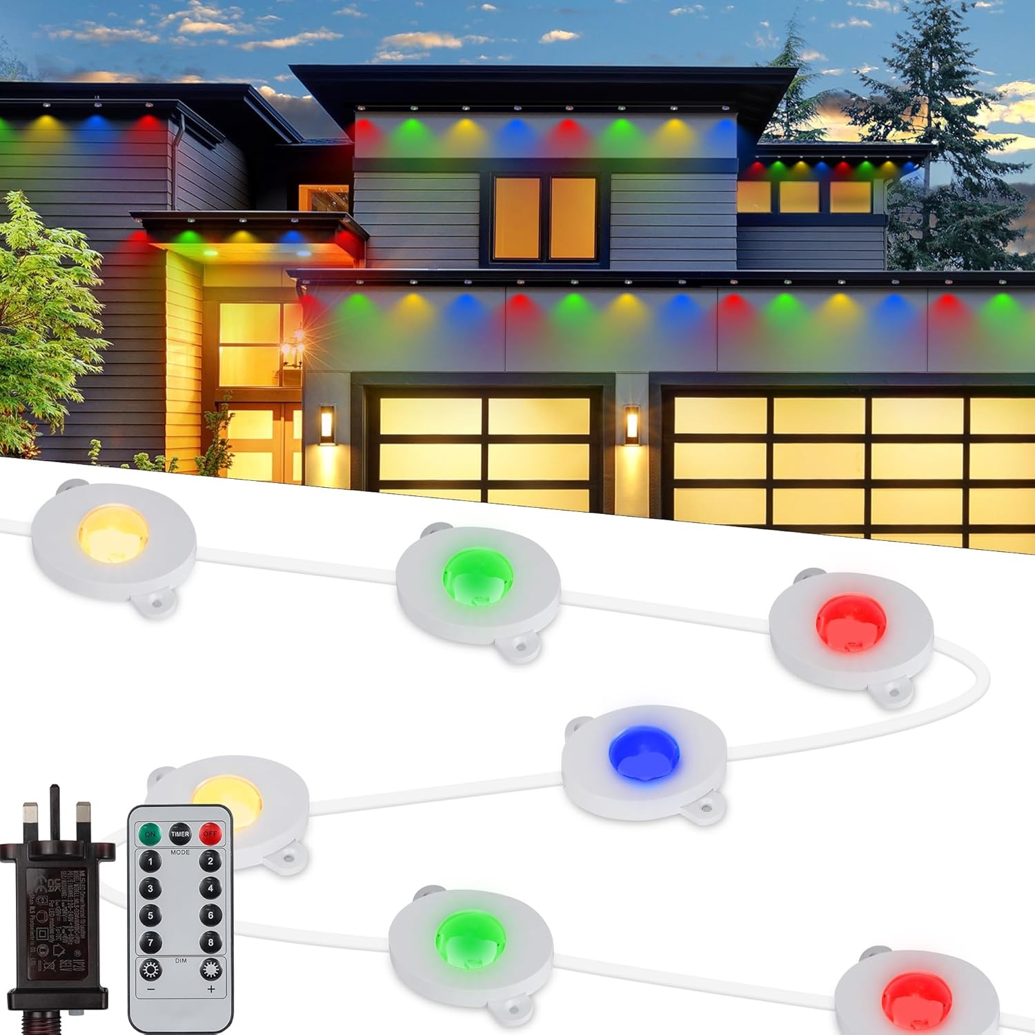 Permanent Outdoor String Lights - 49ft/15m 36LED Eaves Lights Mains Powered wit