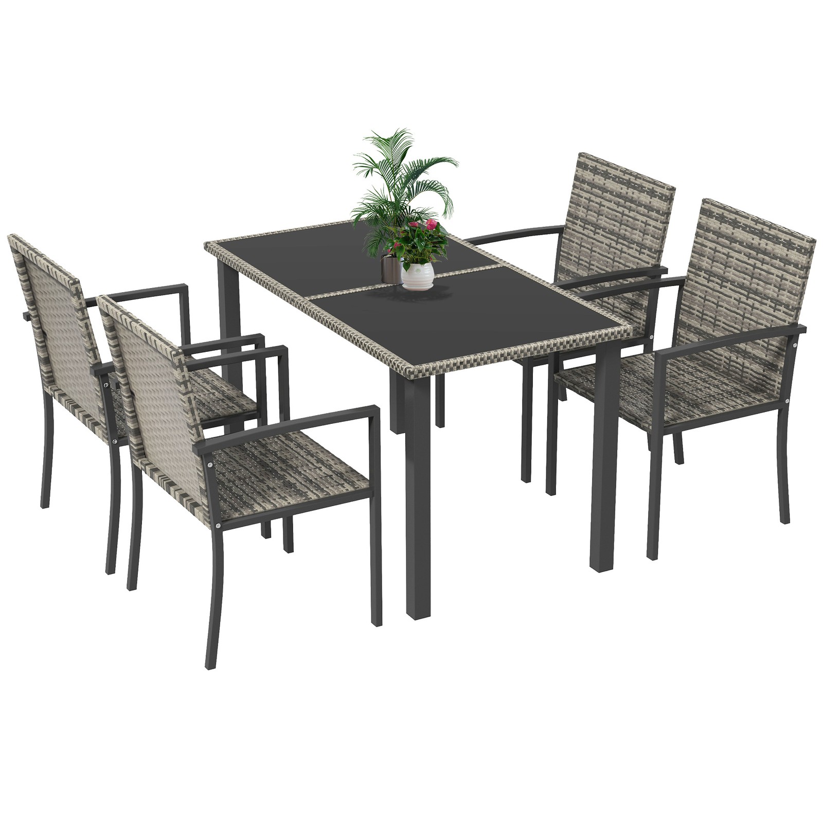 Outsunny Rattan Garden Furniture for 4, Dining Table and Chairs, Mixed Grey