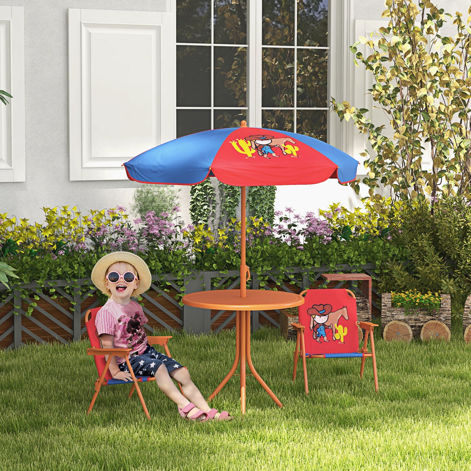 Kids Bistro Table and Chair Set Outdoor Garden Furniture Set w/ Cowboy Theme