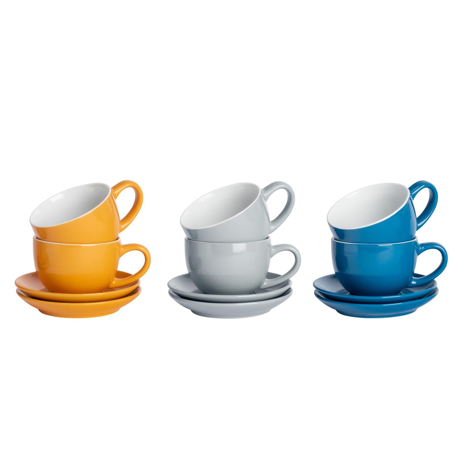 12 Piece Coloured Cappuccino Cup & Saucer Set Tea & Coffee Cups 250ml Yorkshire