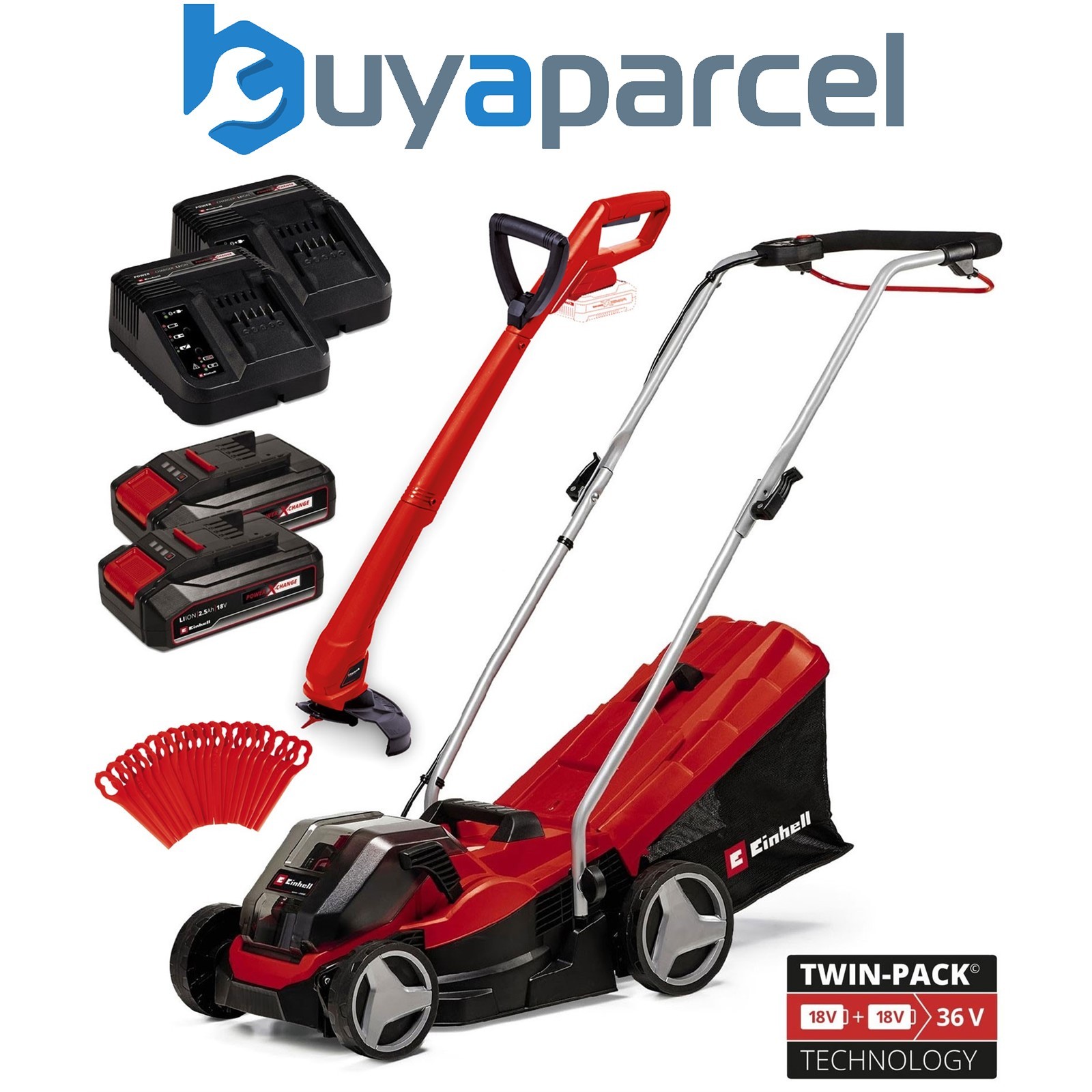 Einhell Cordless 36v Lawnmower 33cm Cut Brushless + Grass Trimmer 2x Batteries