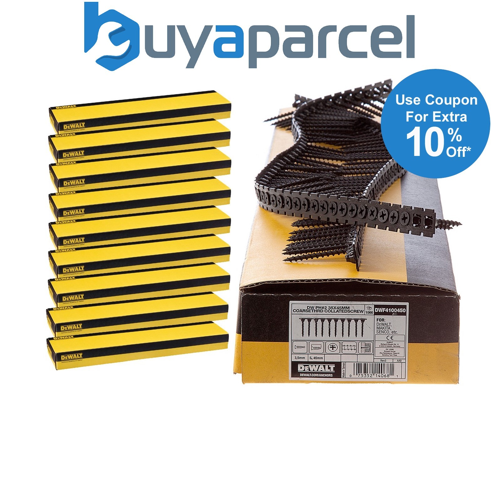 Dewalt 45mm x 3.5mm Fine Thread Collated Screws X 10,000 Fits DCF620 Makita Fein