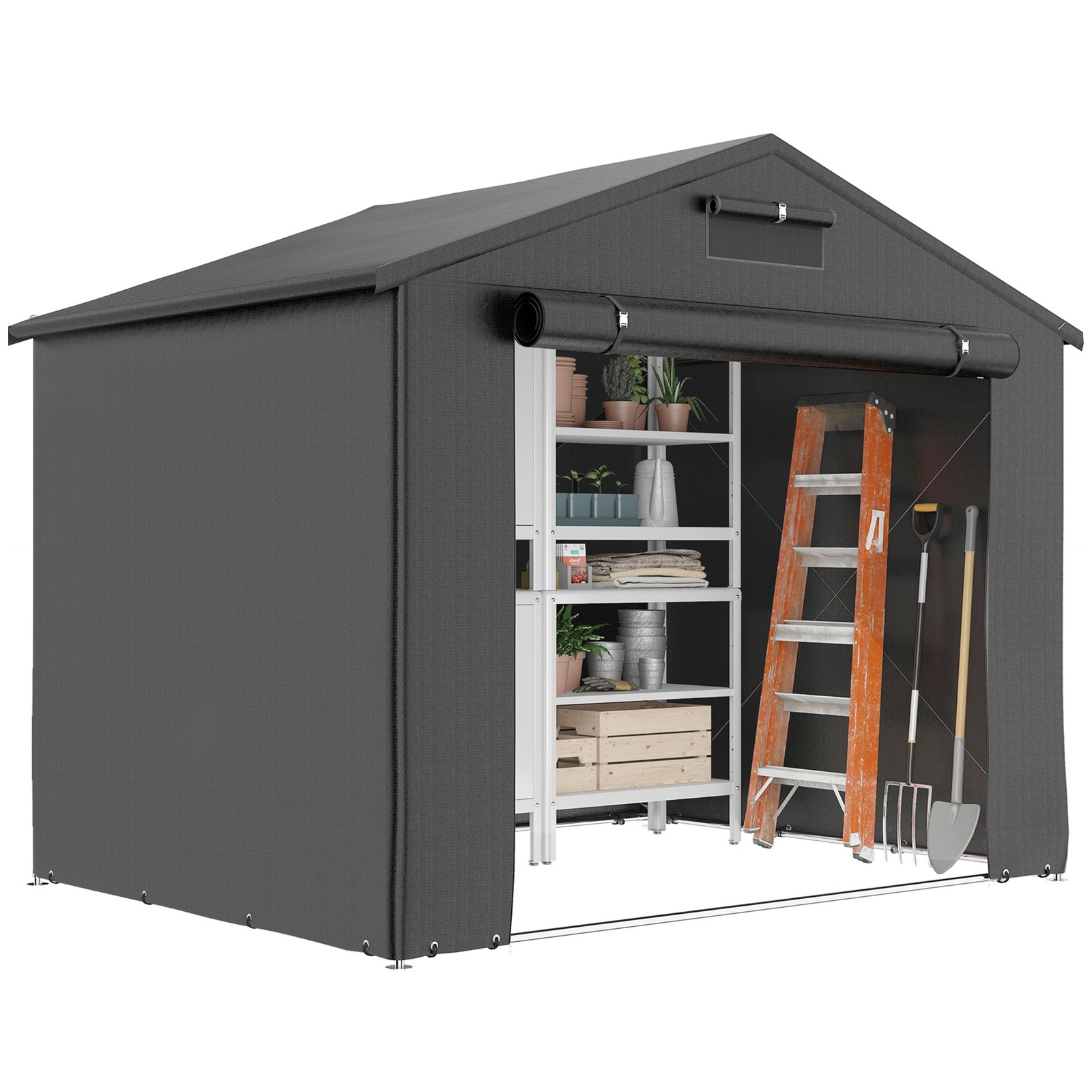 Outsunny 8 x 4 ft Garden Storage Shed with Roll-up Zipper Door, Dark Grey