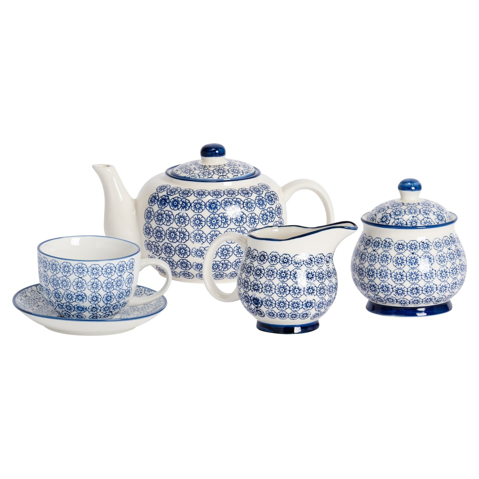 15 Piece Hand-Printed Tea Set Patterned Porcelain Teapot Cups Saucers Navy