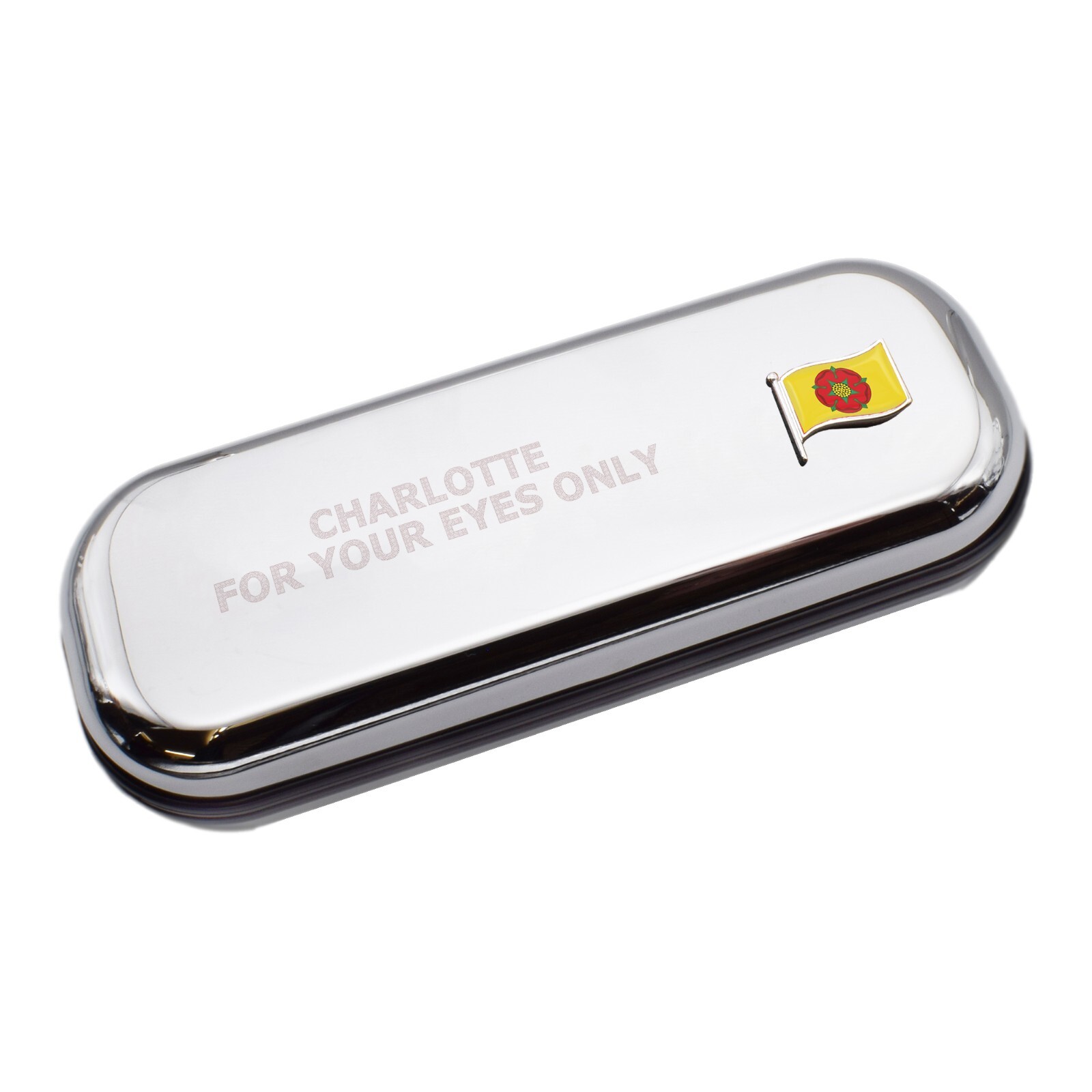 Lancashire Wave Flag & Engraved With Message Chromed Glasses Case Box