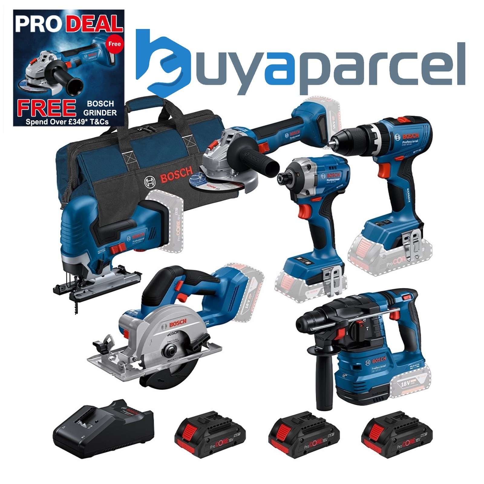 Bosch 0615A5008C 18V Brushless 6 Piece Tool Kit 3x 4.0Ah PROCORE Battery Charger