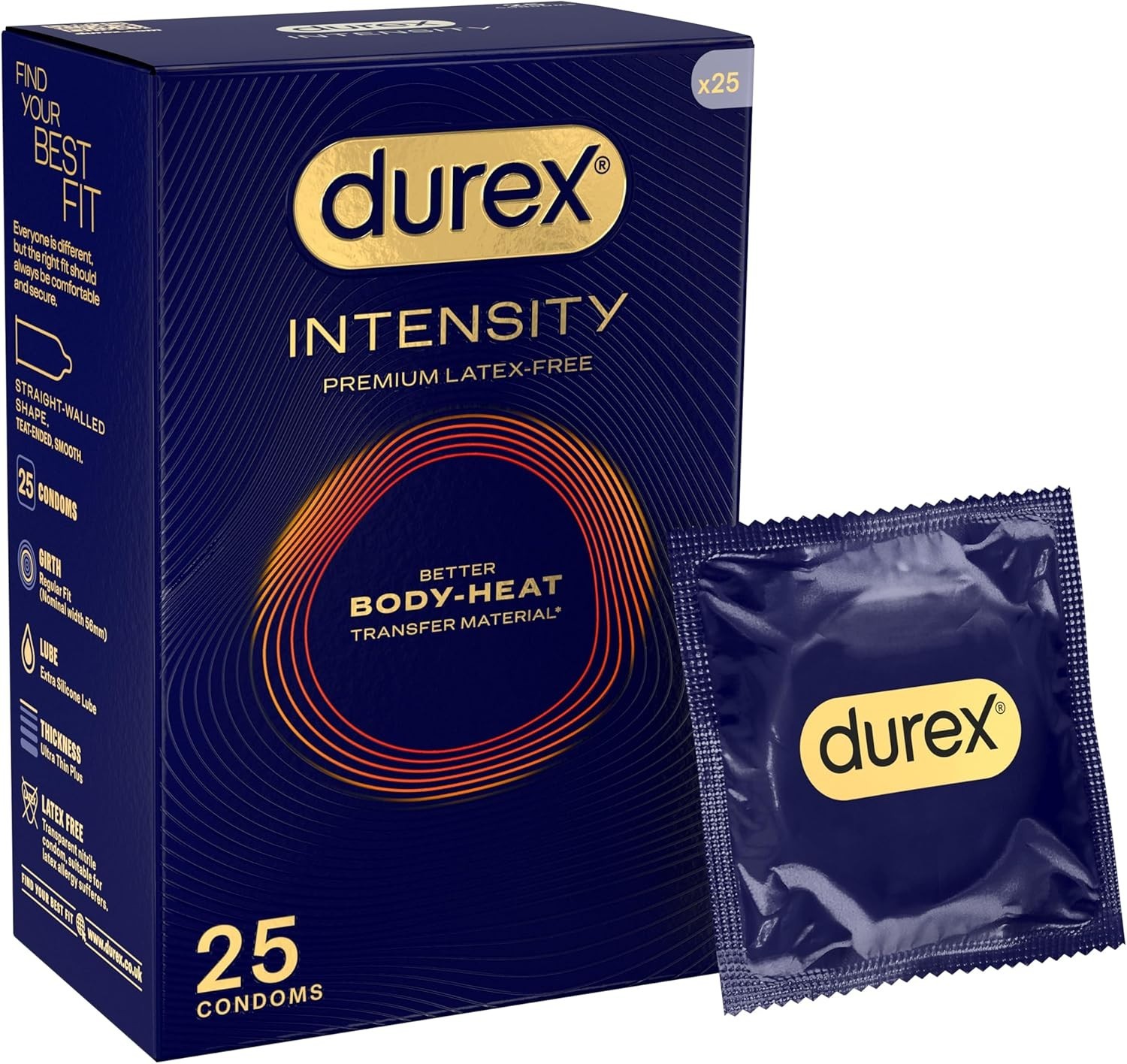Durex Intensity Condoms, Regular Fit, Body Heat Transfer, Latex Free, 25 Pack