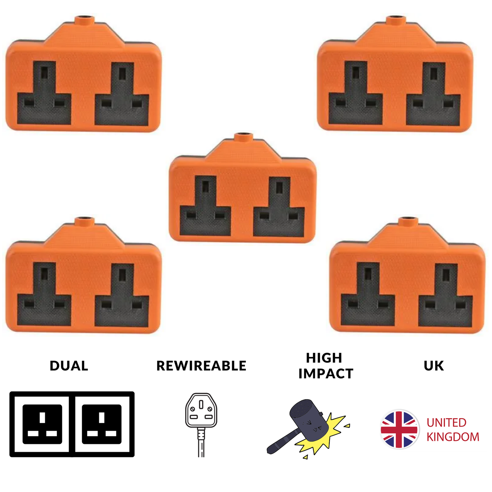 5x 13 AMP 2 Gang Rubberised Socket 13A Mains Extension Electric Trailing Orange