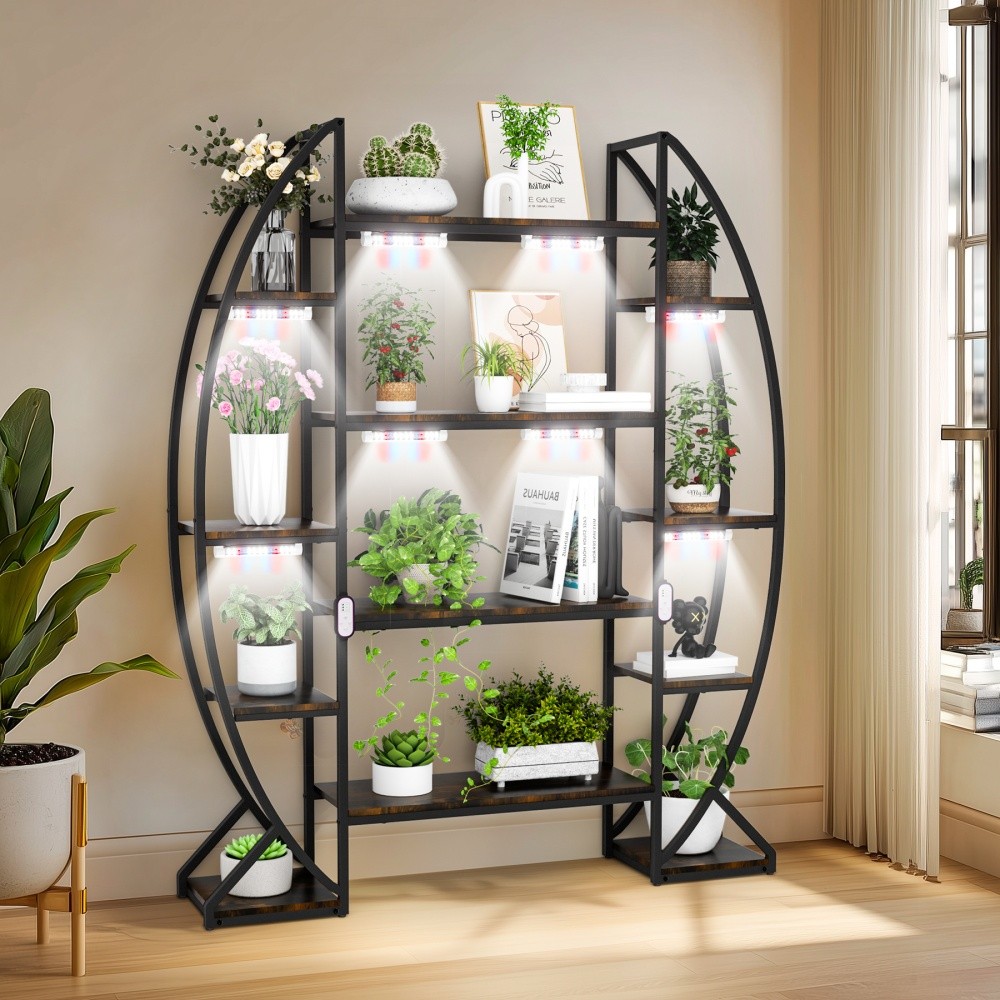 XXL Indoor Plant Stand with Grow Lights Wide 5 Tier Etagere Open Bookcase Shelf