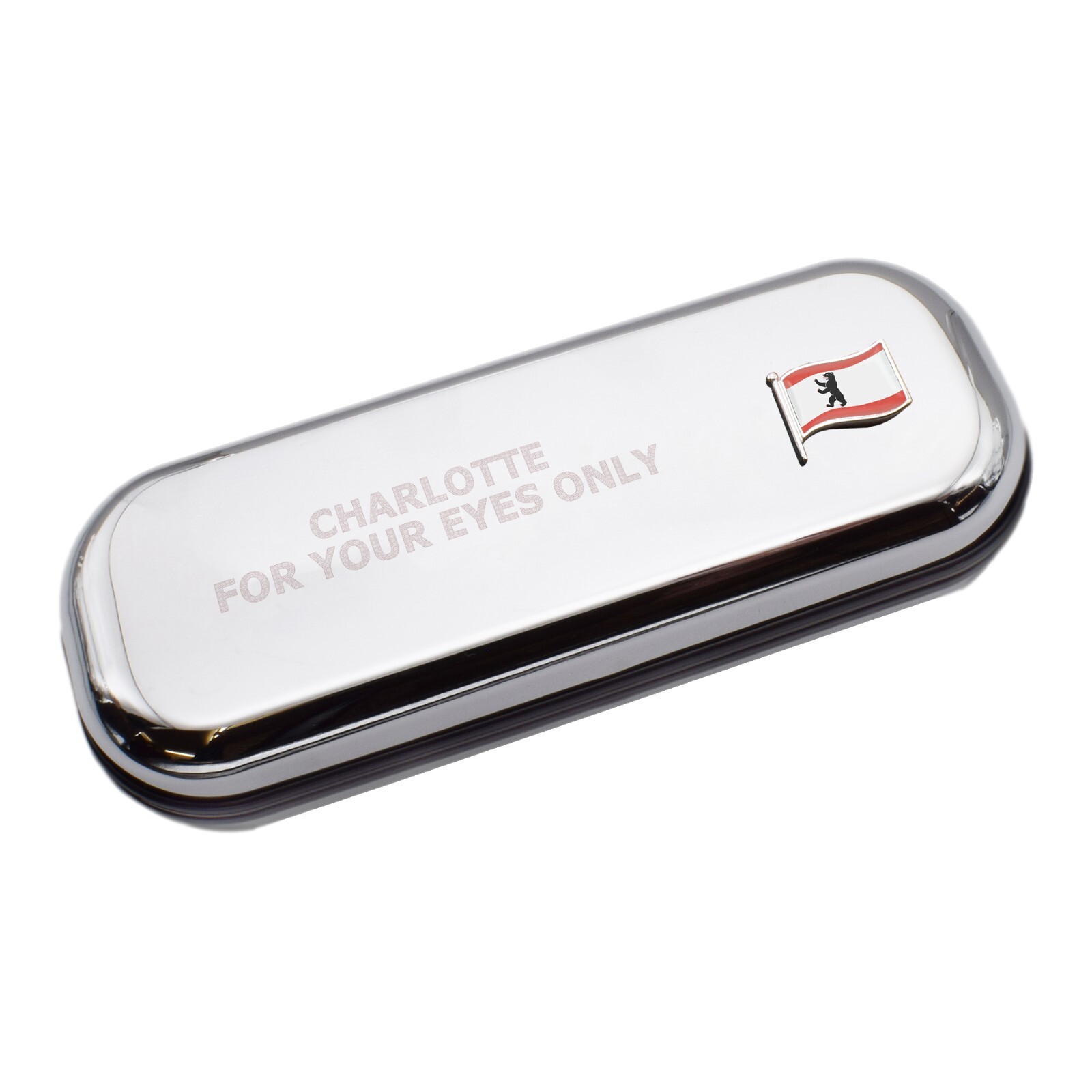 Berlin Wave Flag & Engraved With Message Chromed Glasses Case Box