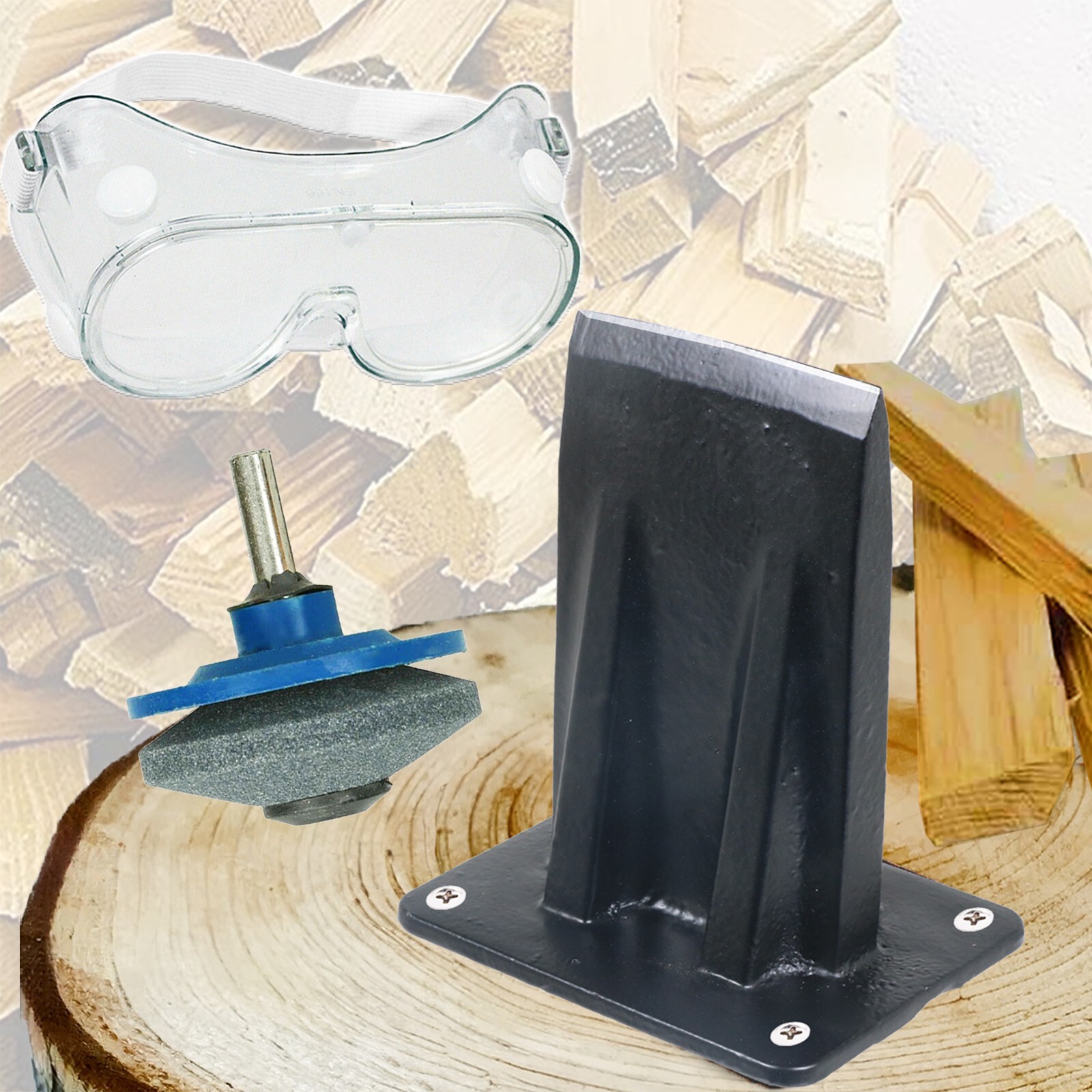 Kindling Splitter Blade Sharpener Safety Goggles Log Wood Splitting Chisel Kit