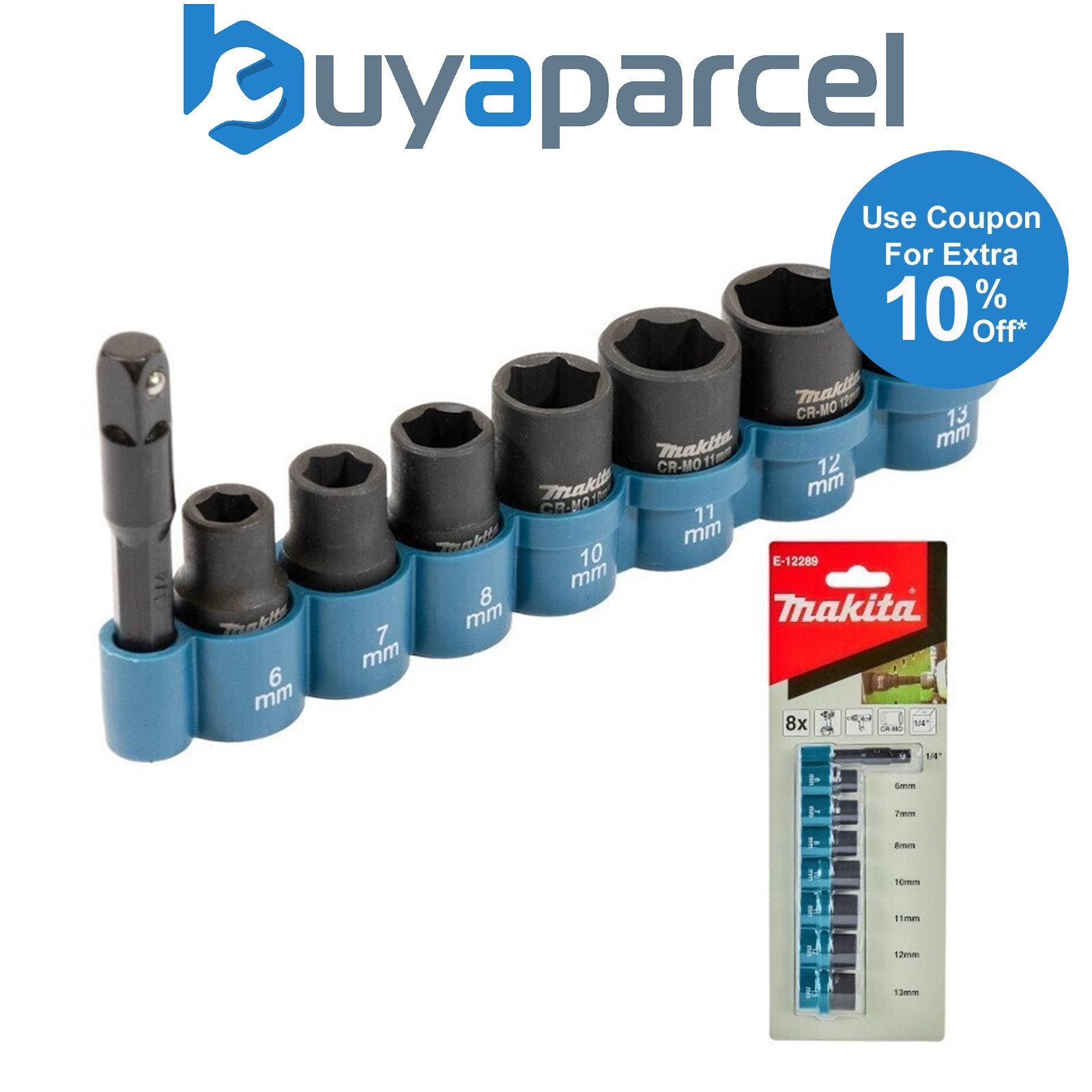 Makita 8 Piece Impact Driver Socket Set 1/4" Square Drive + 1/4" Hex Bit 6-13mm