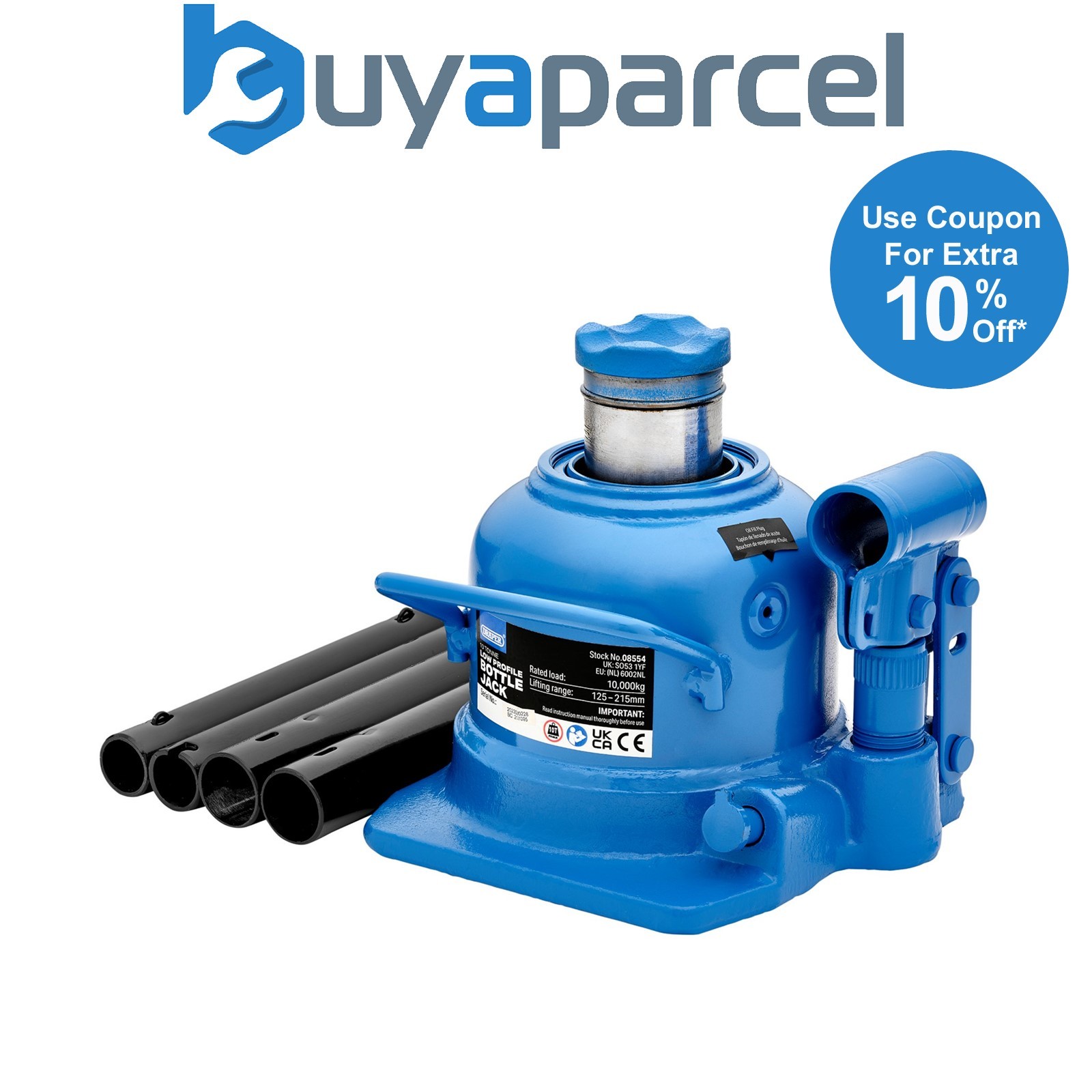 Draper 08554 Low Profile Bottle Jack, 10 Tonne