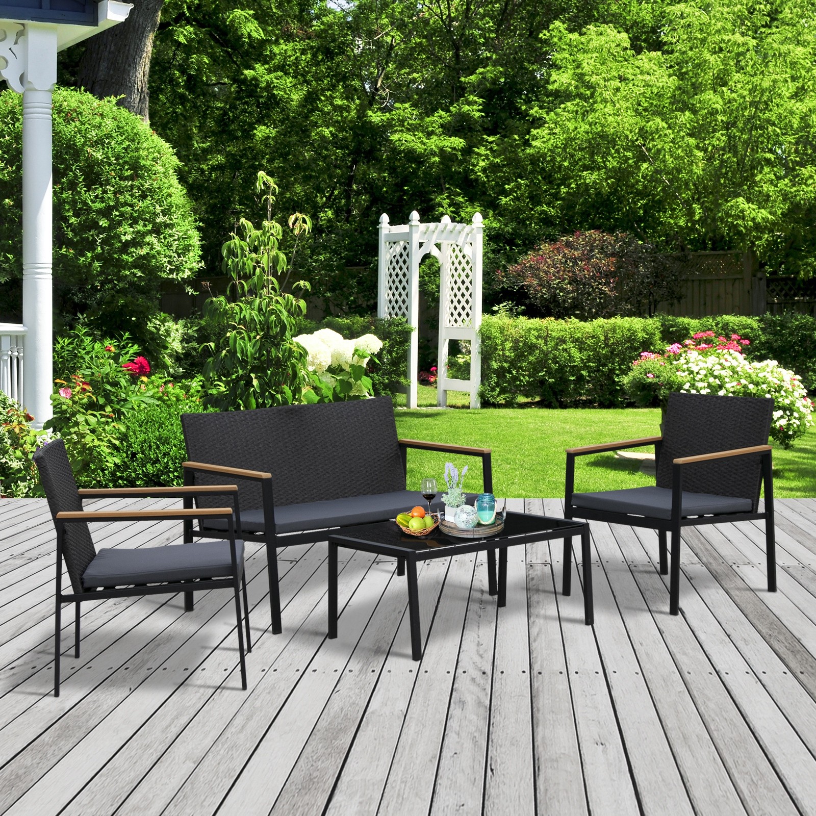 4 Pcs PE Rattan Furniture Set w/ 3 Cushioned Chairs Glass Tabletop Table, Black