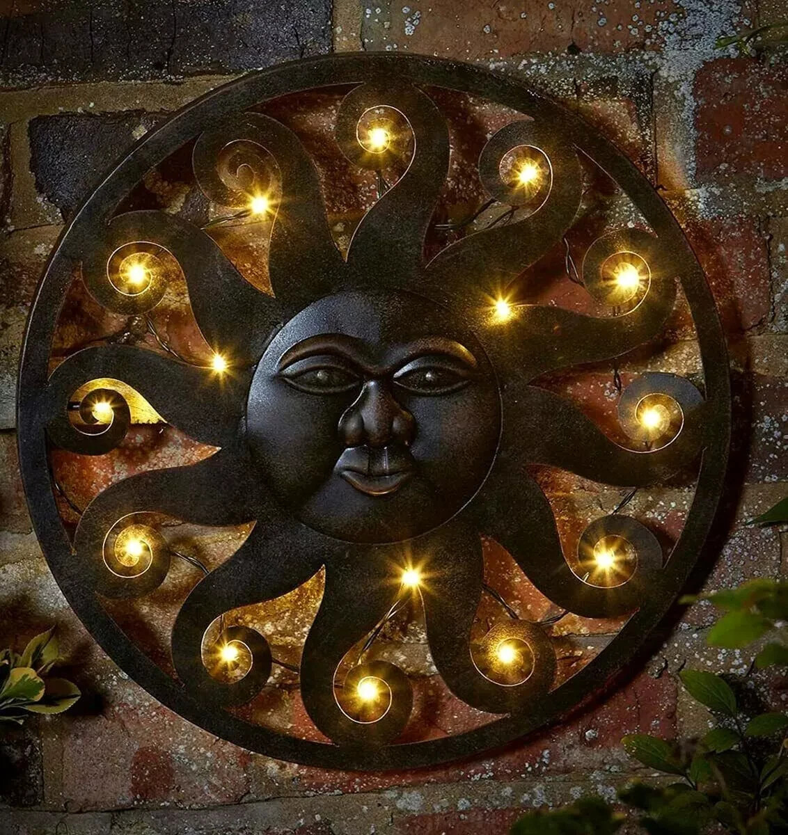 Light Up Sun Ornament Modern Wall Art LED Garden outdoor Metal Gift