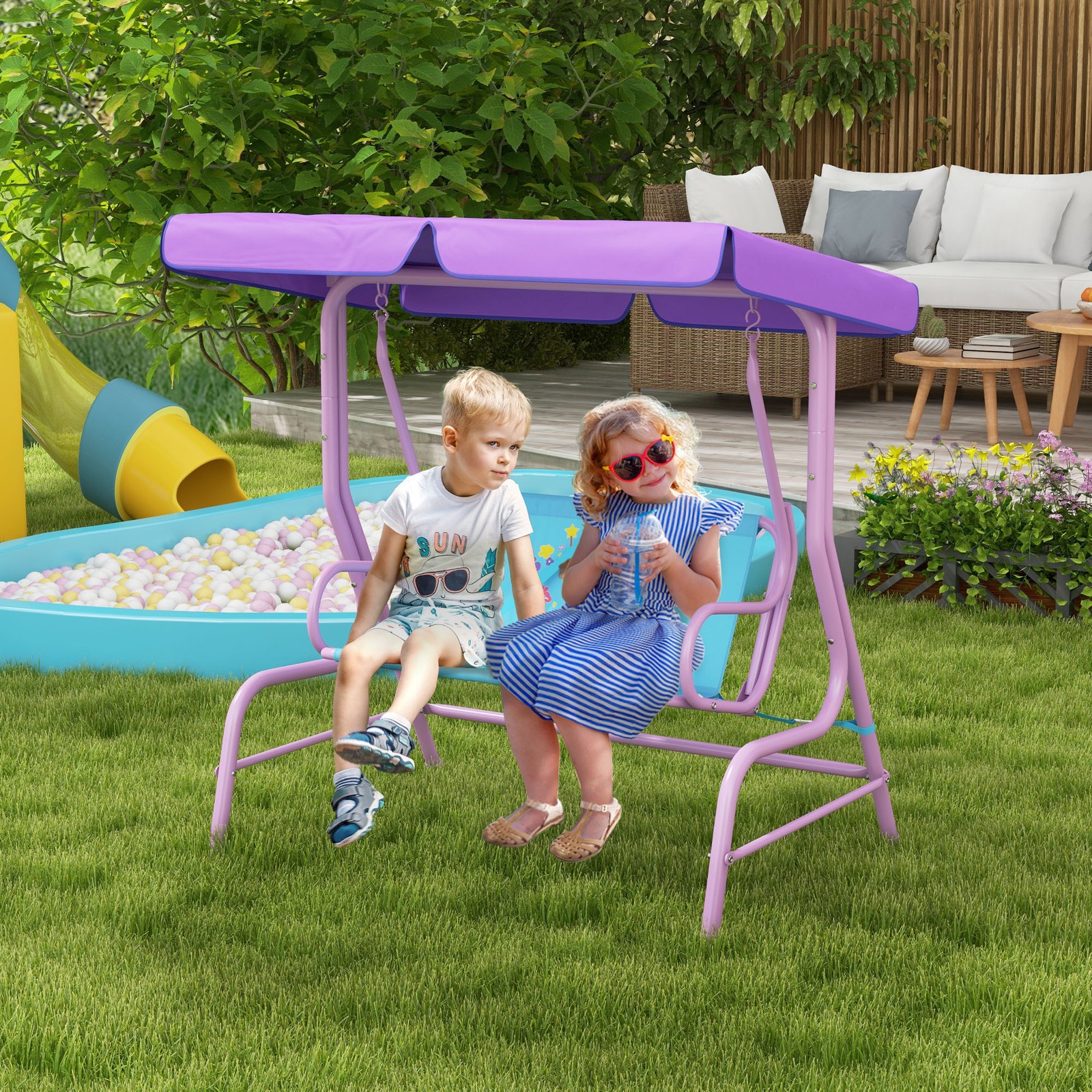 Fairy Themed Kids Garden Swing Bench with Adjustable Canopy, Safety Belts