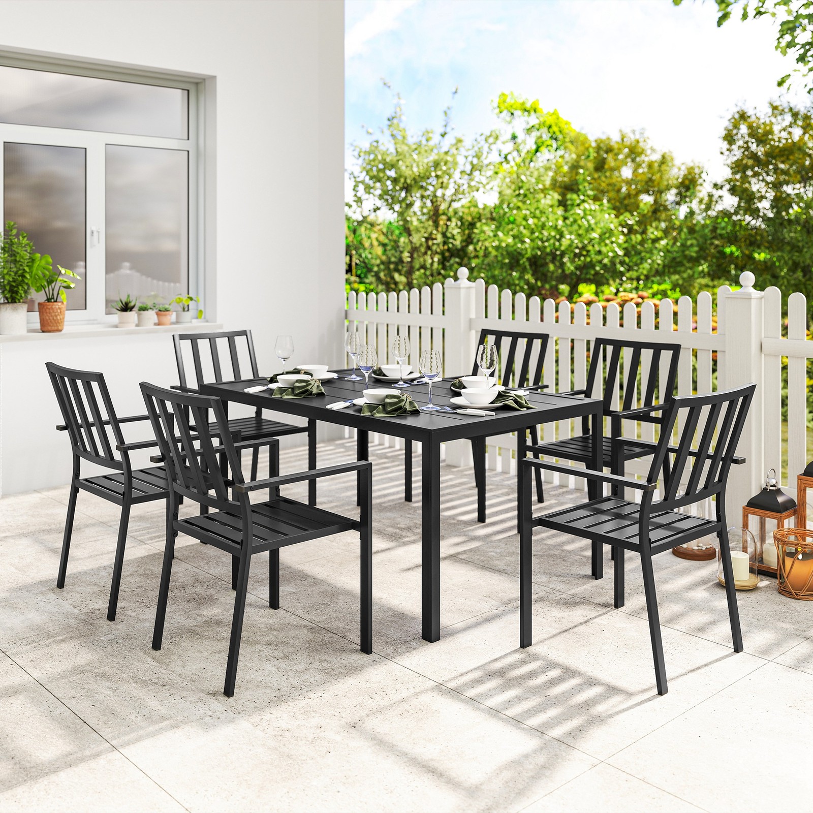 7 PCs Garden Dining Set w/ 6 Stackable Chairs and Metal Top Table, Black