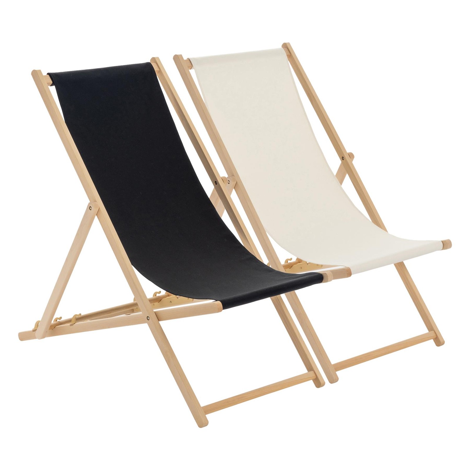 2x Folding Wooden Deck Chairs Adjustable Canvas Beach Lounger Black/Cream