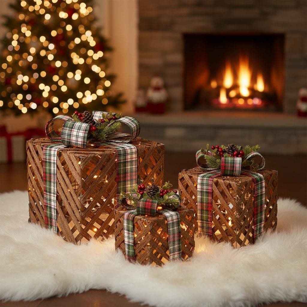 3x Christmas Gift Boxes Decoration LED Light Up Presents Parcels Xmas Decor Home