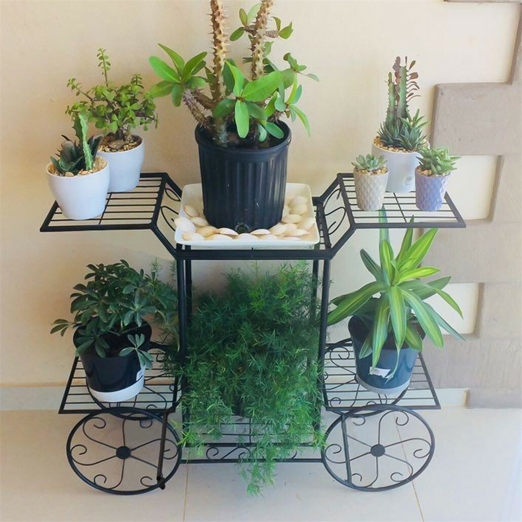 2 Tier Metal 6 Pot Herb Plant Stand Display Garden Decor Patio Flower Rack Shelf