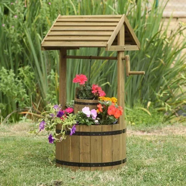 Wooden Wishing Well Planter Garden Barrel Flower Pot Outdoor Ornament 100cm