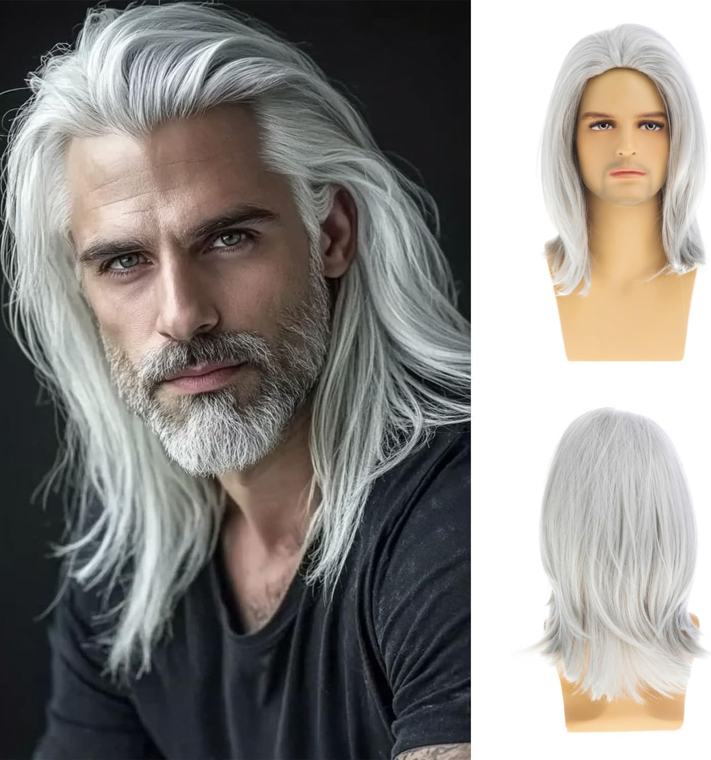 Short White Wavy Wig for Men Middle Part Layered Synthetic Heat Resistant Hair