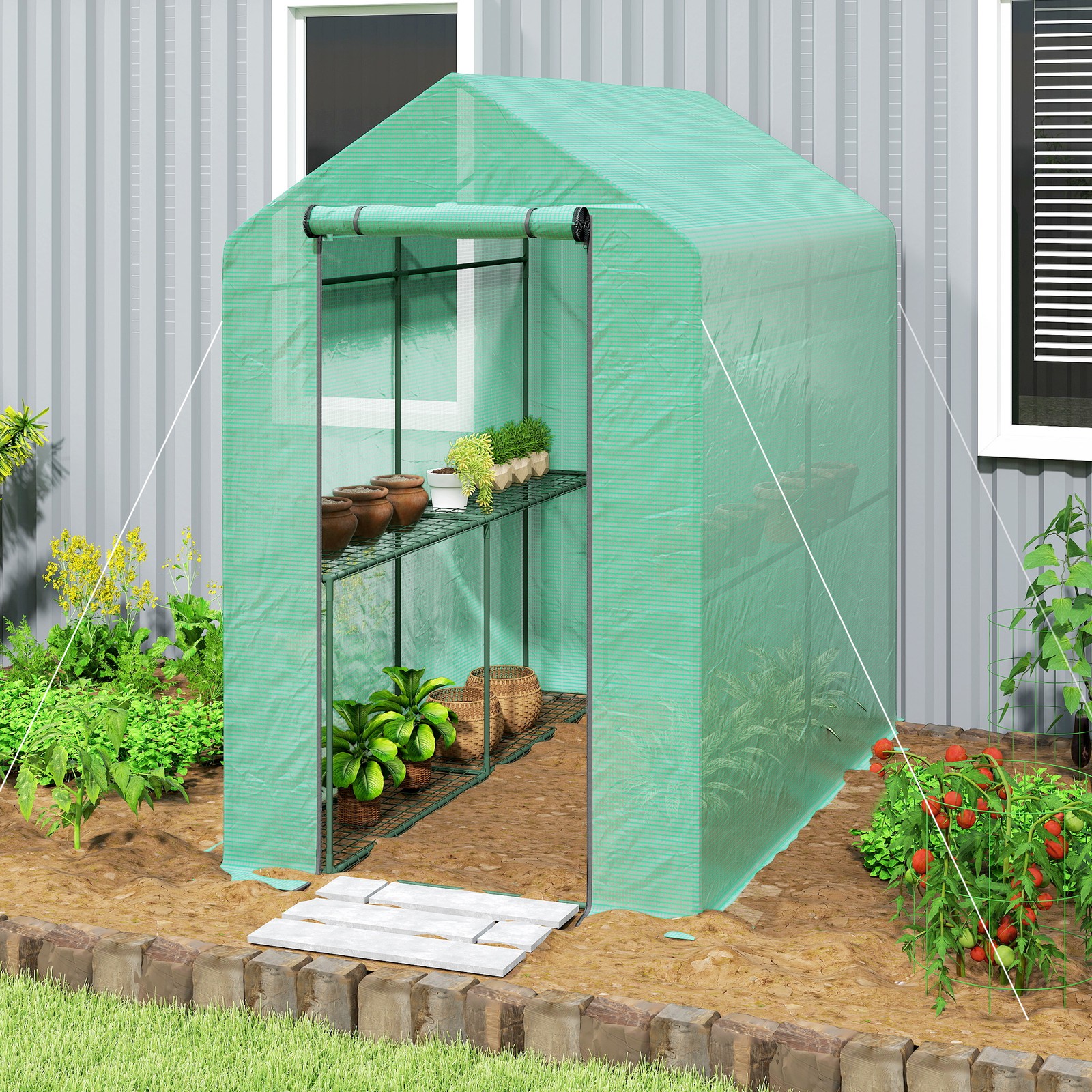 Walk in Garden Greenhouse w/Shelves Steeple Grow House 120 x 186 x 190 cm Green
